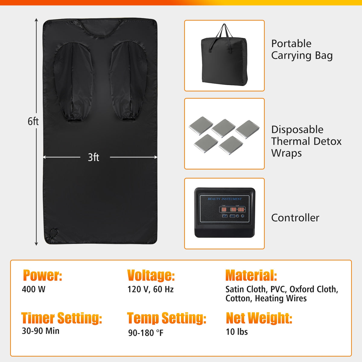 Infrared Sauna Blanket for Home Use with Arm Sleeves Wraps and Carry Bag-Black-Saunas-DECOROLALA