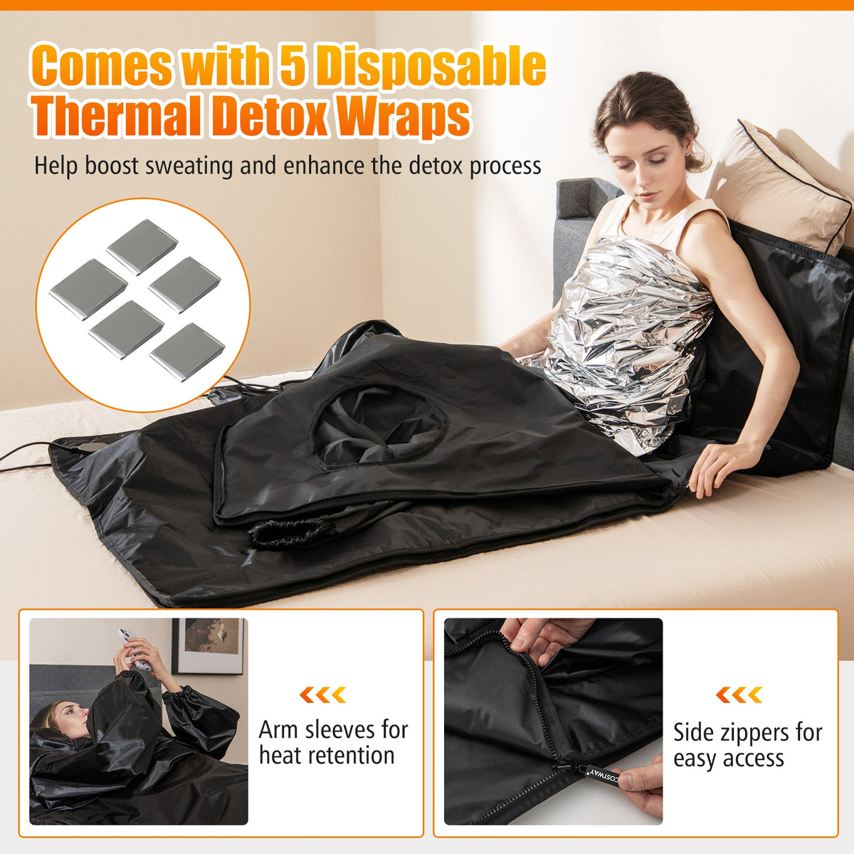 Infrared Sauna Blanket for Home Use with Arm Sleeves Wraps and Carry Bag-Black-Saunas-DECOROLALA