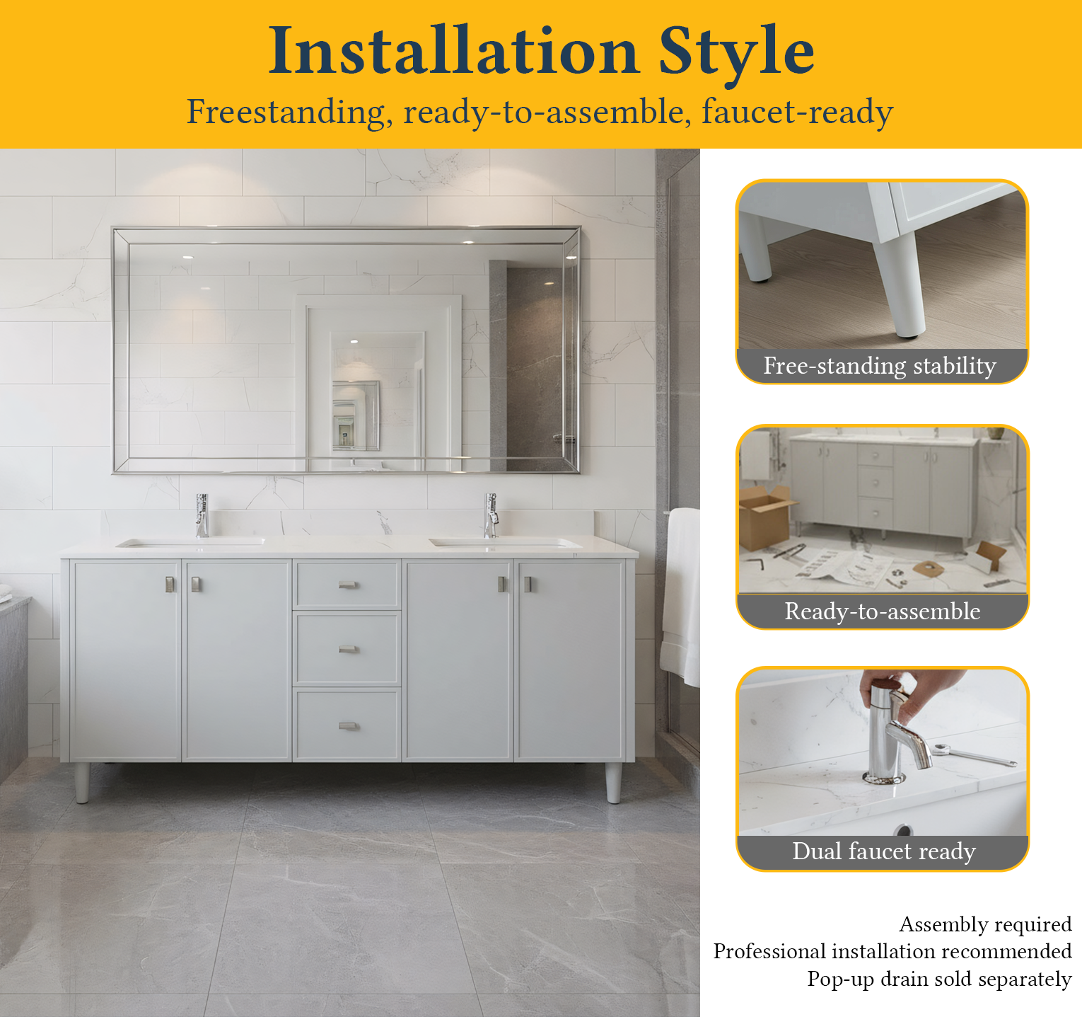 72" Hampton Grey Double Sink Freestanding Vanity with Engineered Calcutta Marble