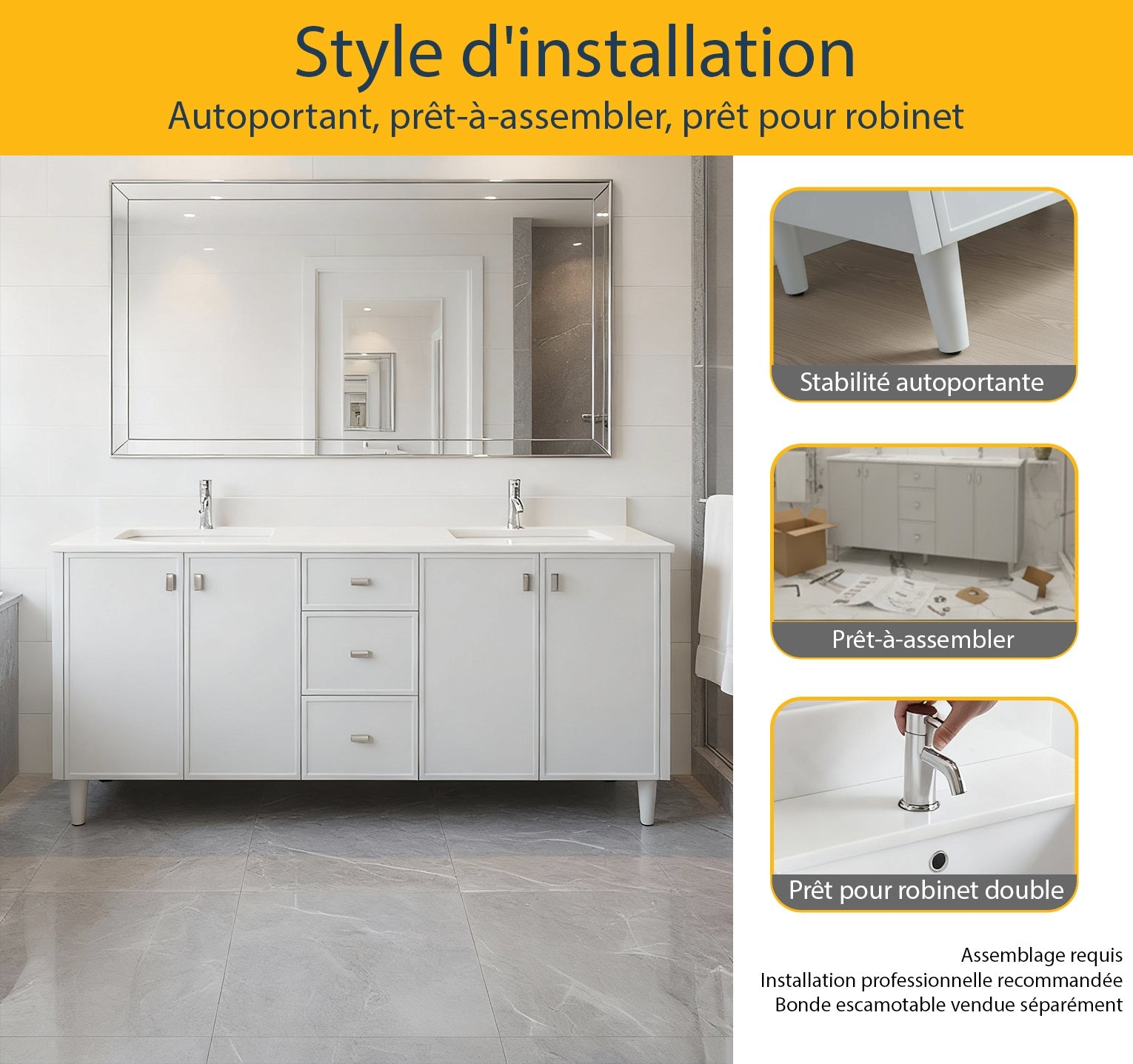 72" Hampton Grey Double Sink Freestanding Vanity with Pure White Quartz Countertop
