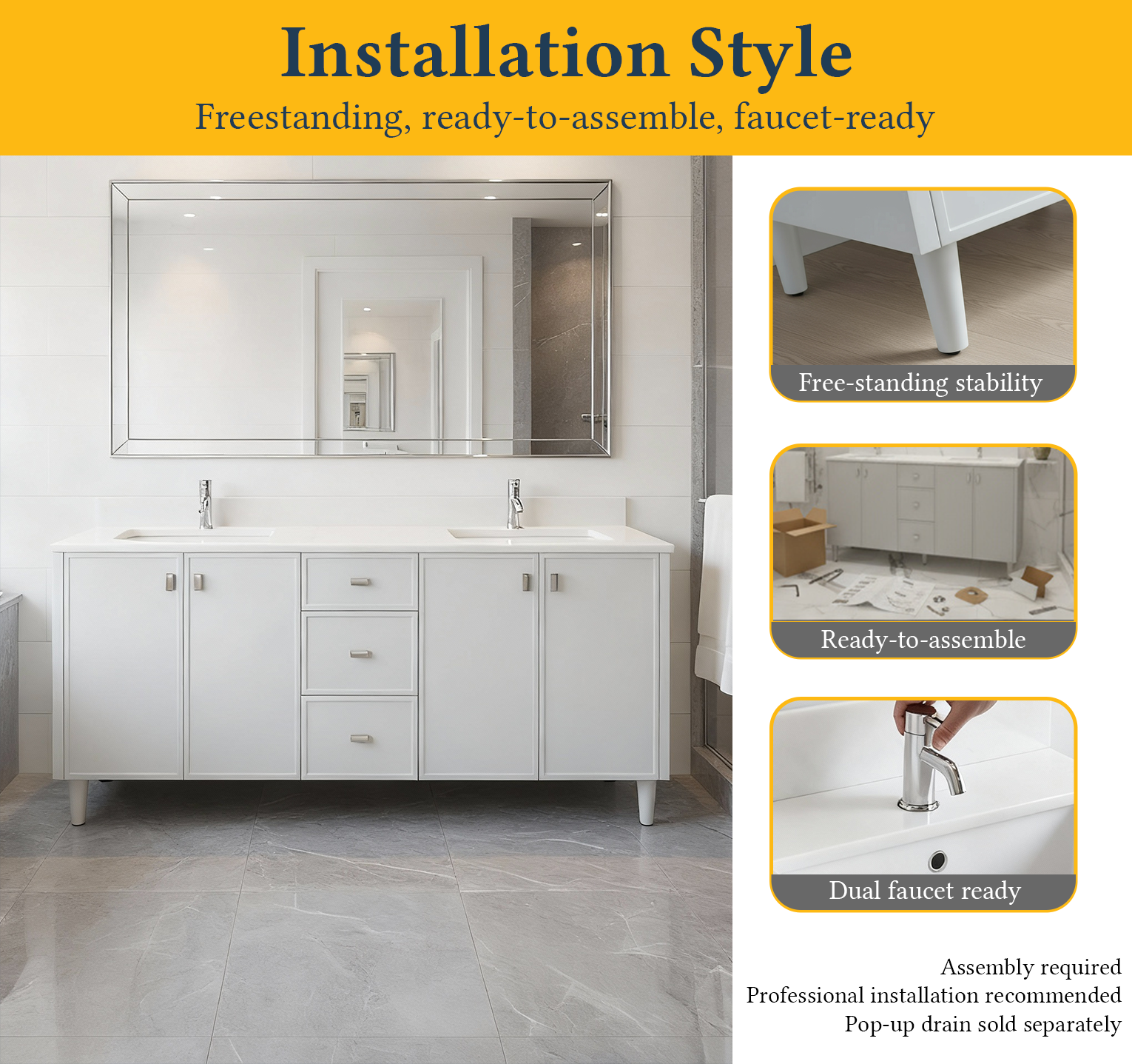 72" Hampton Grey Double Sink Freestanding Vanity with Pure White Quartz Countertop