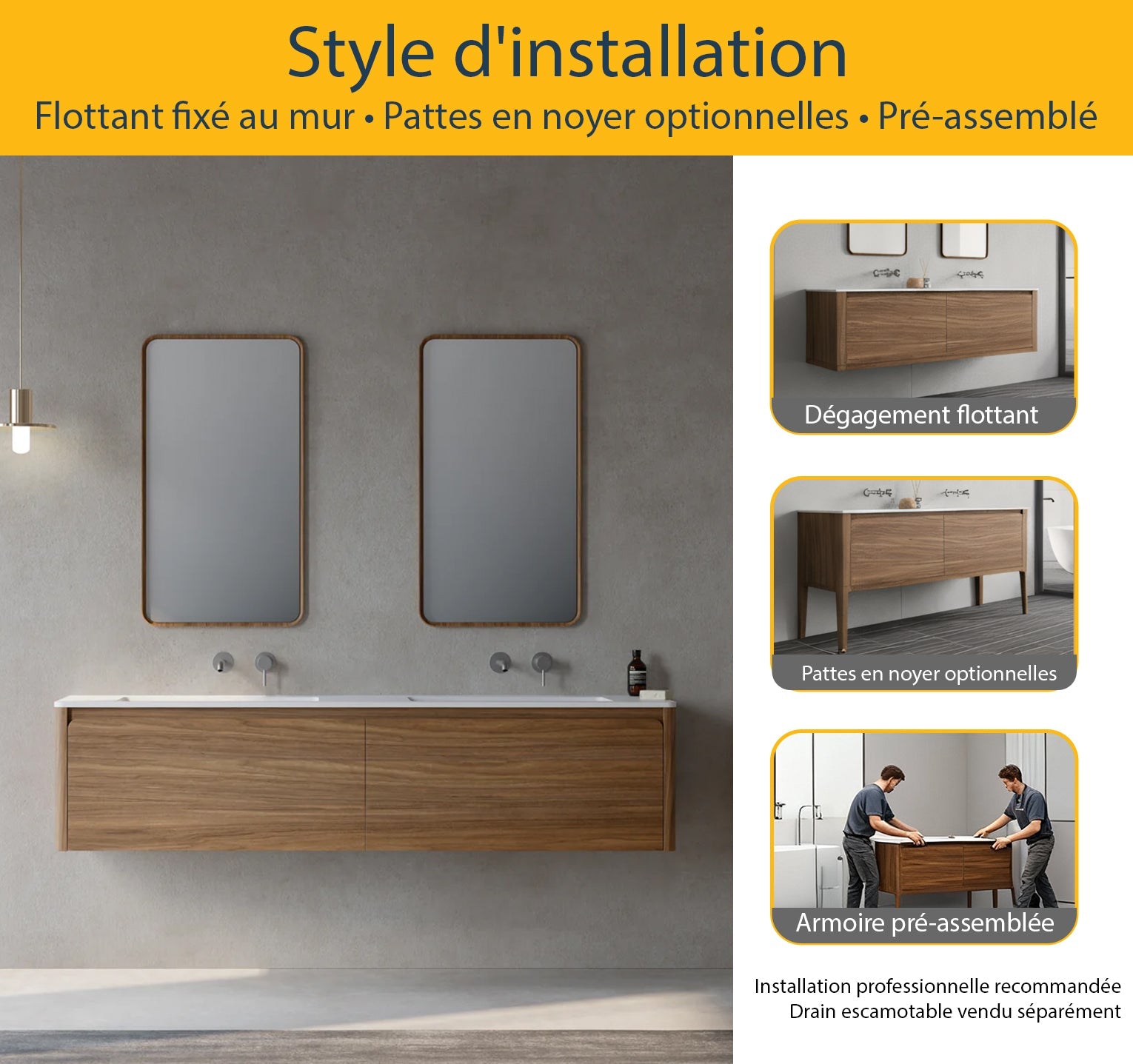 72" Walnut Wall Mount Double Sink Bathroom Vanity with Matte White Solid Surface Countertop