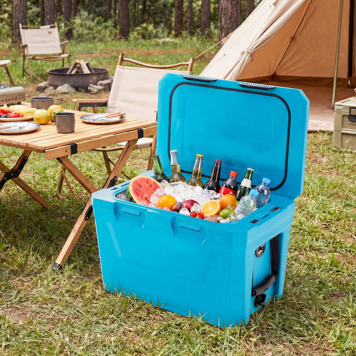 Insulated Portable Cooler Hard Shell Ice Chest with 2 Cup Holders Bottle Opener and Drain Plug-Blue-Coolers-DECOROLALA