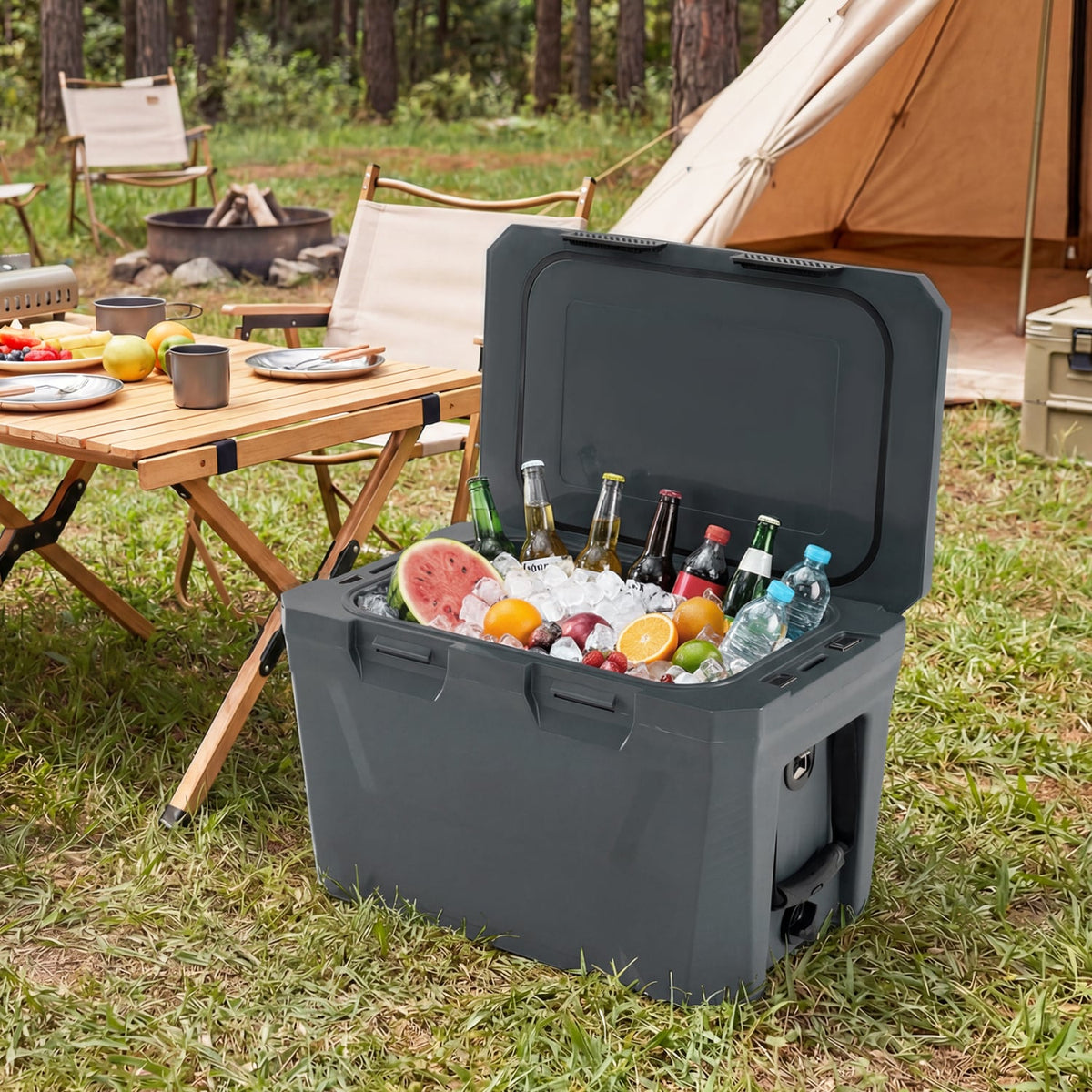 Insulated Portable Cooler Hard Shell Ice Chest with 2 Cup Holders Bottle Opener and Drain Plug-Gray-Coolers-DECOROLALA