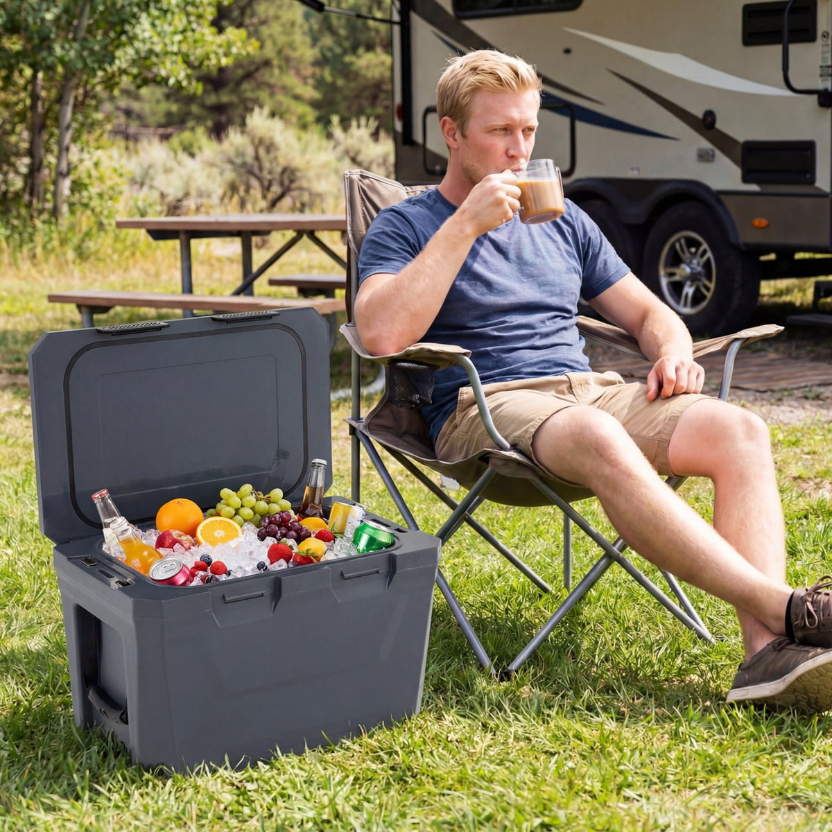 Insulated Portable Cooler Hard Shell Ice Chest with 2 Cup Holders Bottle Opener and Drain Plug-Gray-Coolers-DECOROLALA