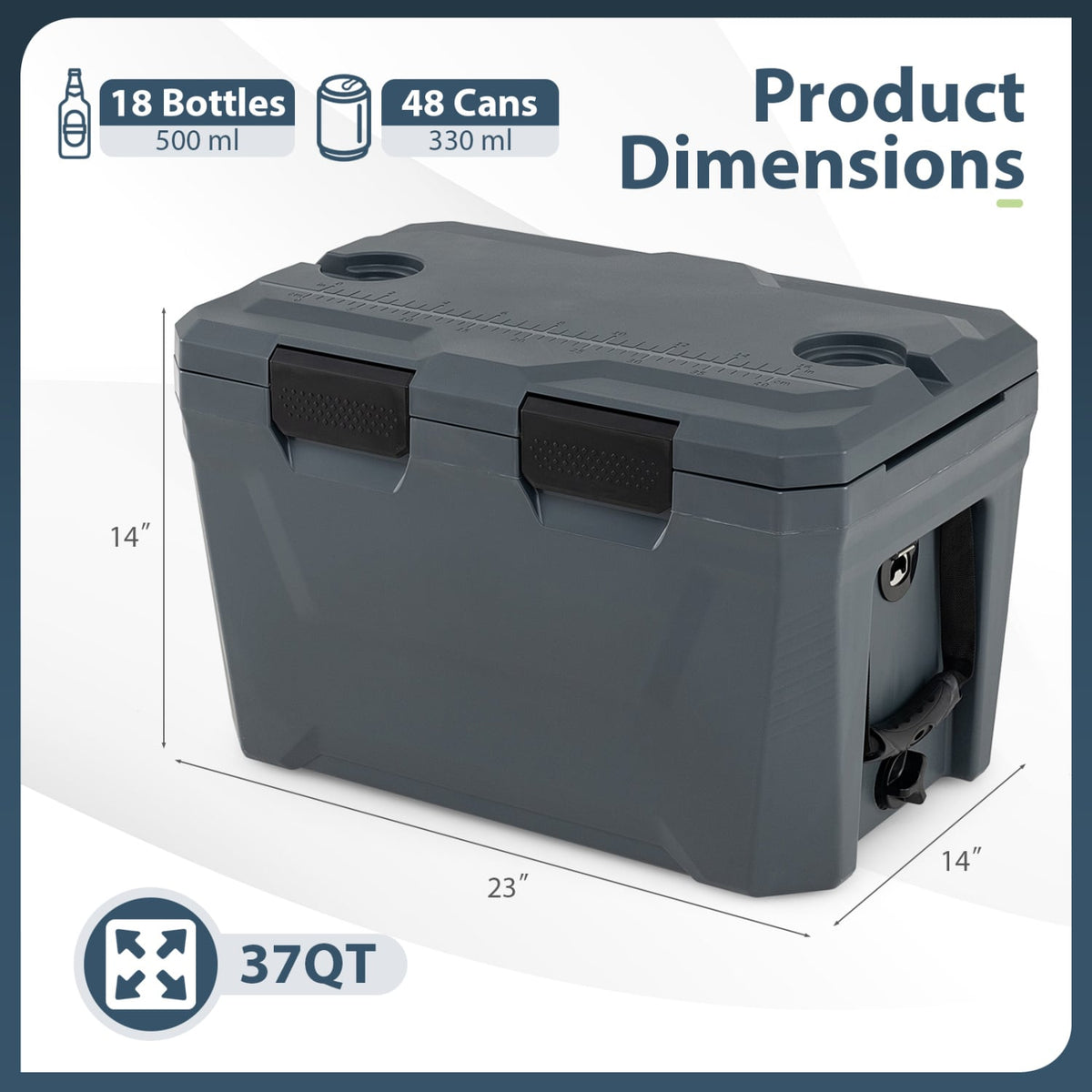 Insulated Portable Cooler Hard Shell Ice Chest with 2 Cup Holders Bottle Opener and Drain Plug-Gray-Coolers-DECOROLALA