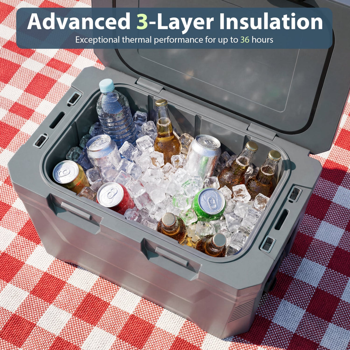 Insulated Portable Cooler Hard Shell Ice Chest with 2 Cup Holders Bottle Opener and Drain Plug-Gray-Coolers-DECOROLALA
