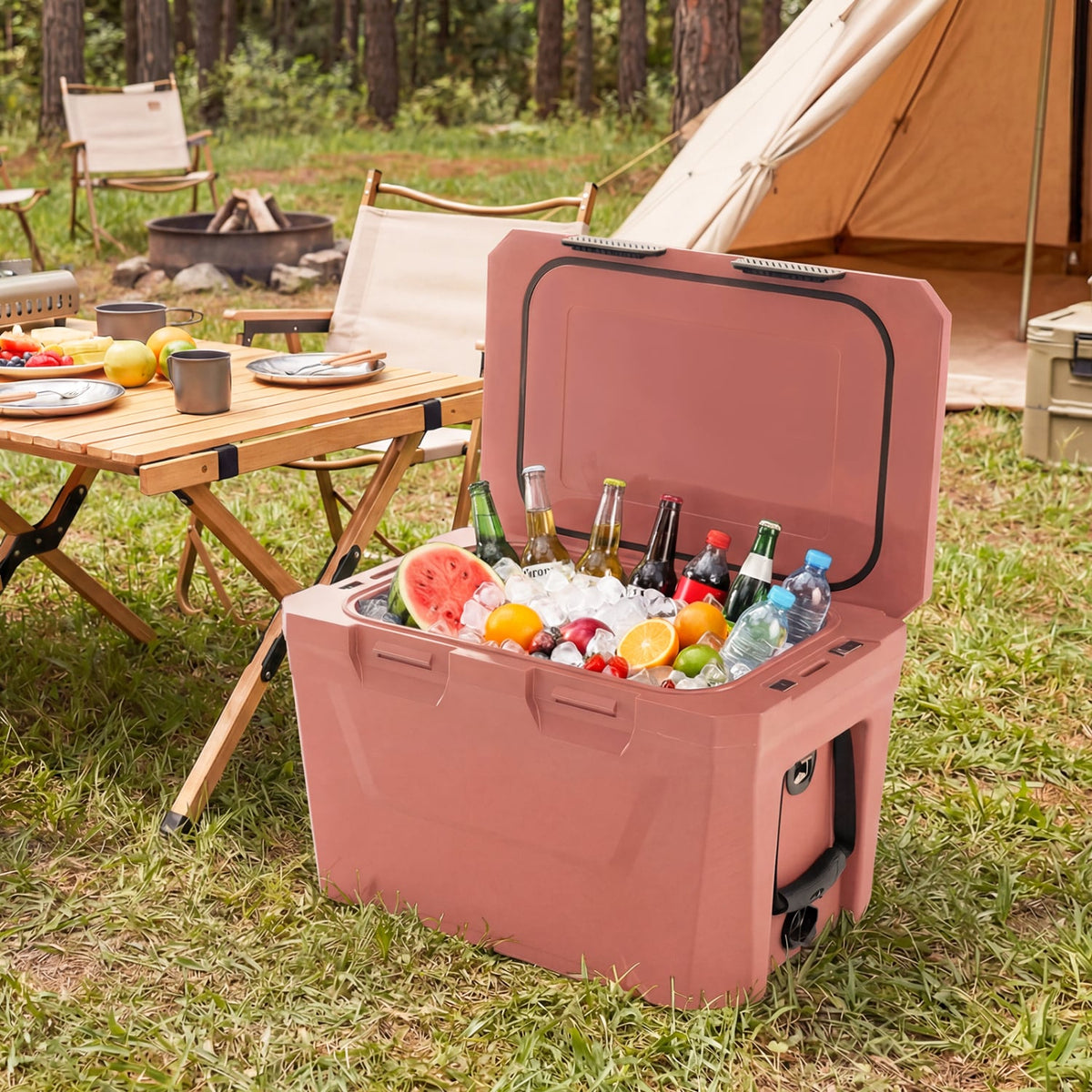 Insulated Portable Cooler Hard Shell Ice Chest with 2 Cup Holders Bottle Opener and Drain Plug-Pink-Coolers-DECOROLALA