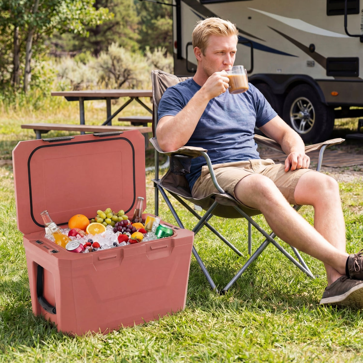 Insulated Portable Cooler Hard Shell Ice Chest with 2 Cup Holders Bottle Opener and Drain Plug-Pink-Coolers-DECOROLALA