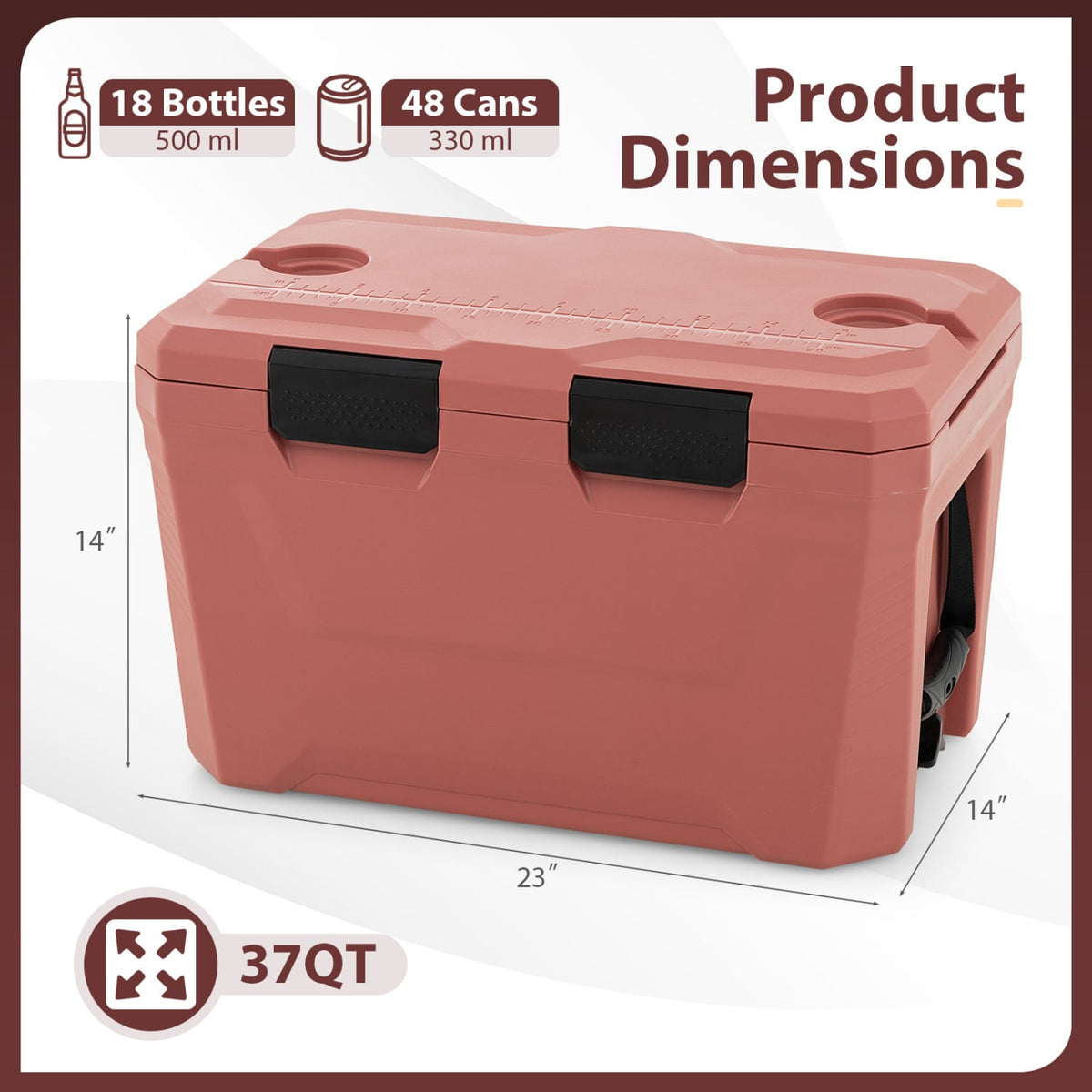 Insulated Portable Cooler Hard Shell Ice Chest with 2 Cup Holders Bottle Opener and Drain Plug-Pink-Coolers-DECOROLALA