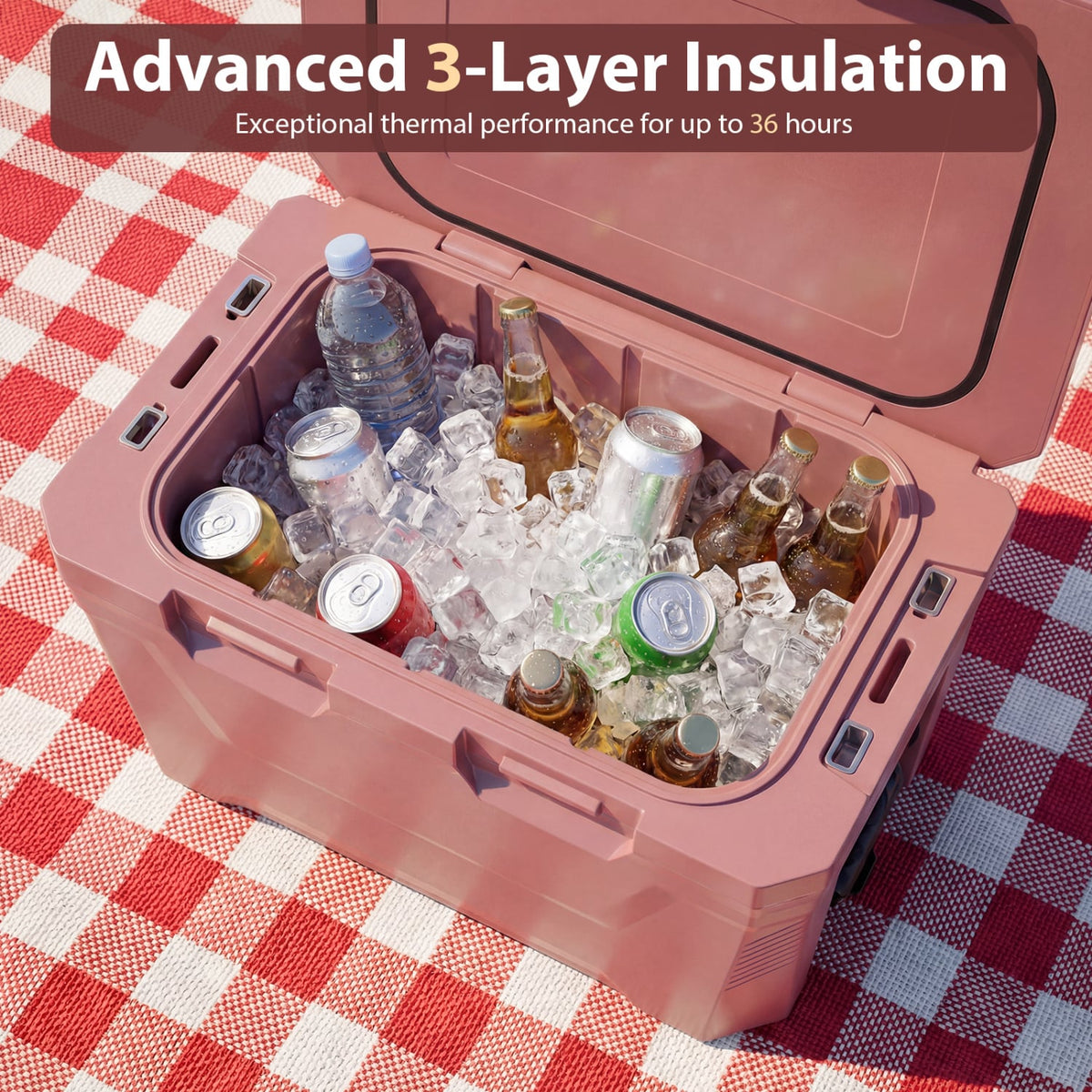Insulated Portable Cooler Hard Shell Ice Chest with 2 Cup Holders Bottle Opener and Drain Plug-Pink-Coolers-DECOROLALA