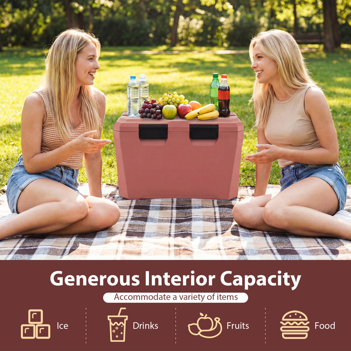 Insulated Portable Cooler Hard Shell Ice Chest with 2 Cup Holders Bottle Opener and Drain Plug-Pink-Coolers-DECOROLALA