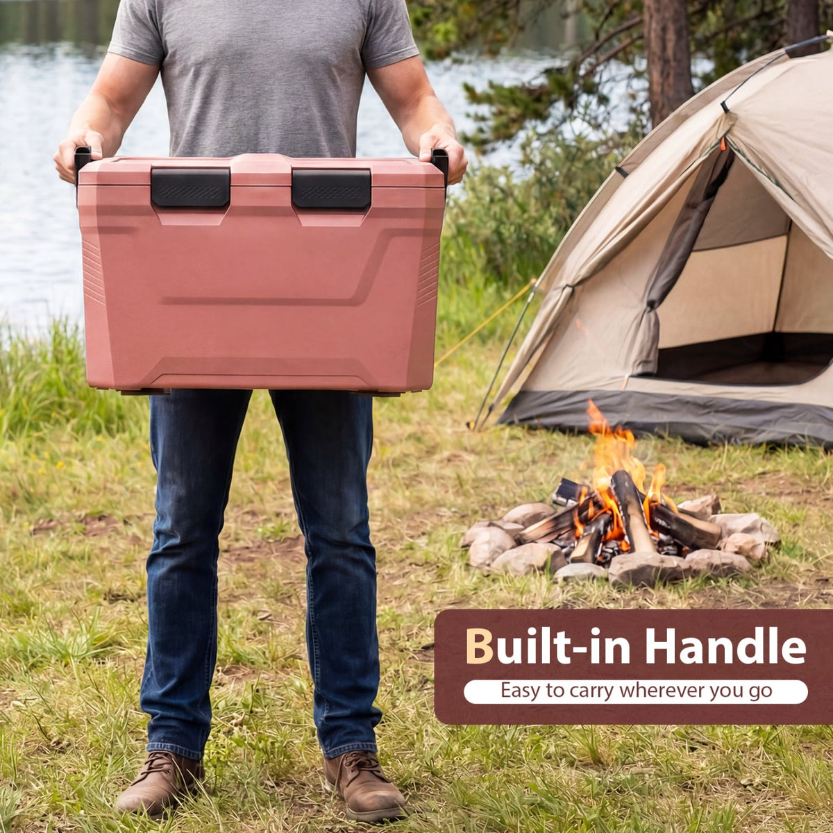Insulated Portable Cooler Hard Shell Ice Chest with 2 Cup Holders Bottle Opener and Drain Plug-Pink-Coolers-DECOROLALA