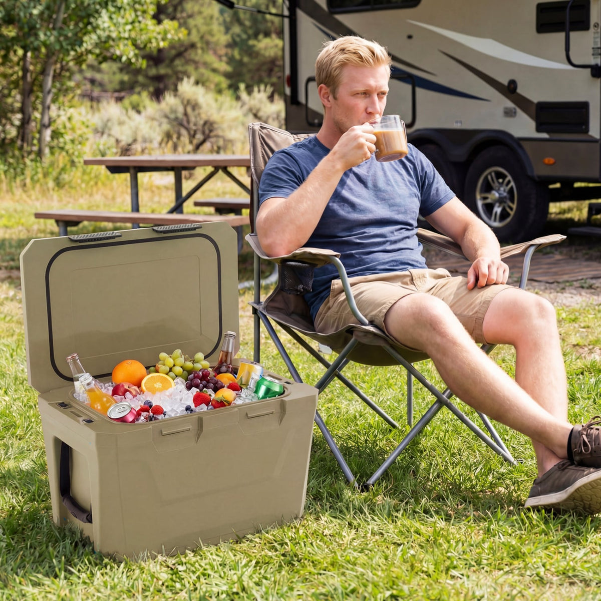 Insulated Portable Cooler Hard Shell Ice Chest with 2 Cup Holders Bottle Opener and Drain Plug-Sand Color-Coolers-DECOROLALA