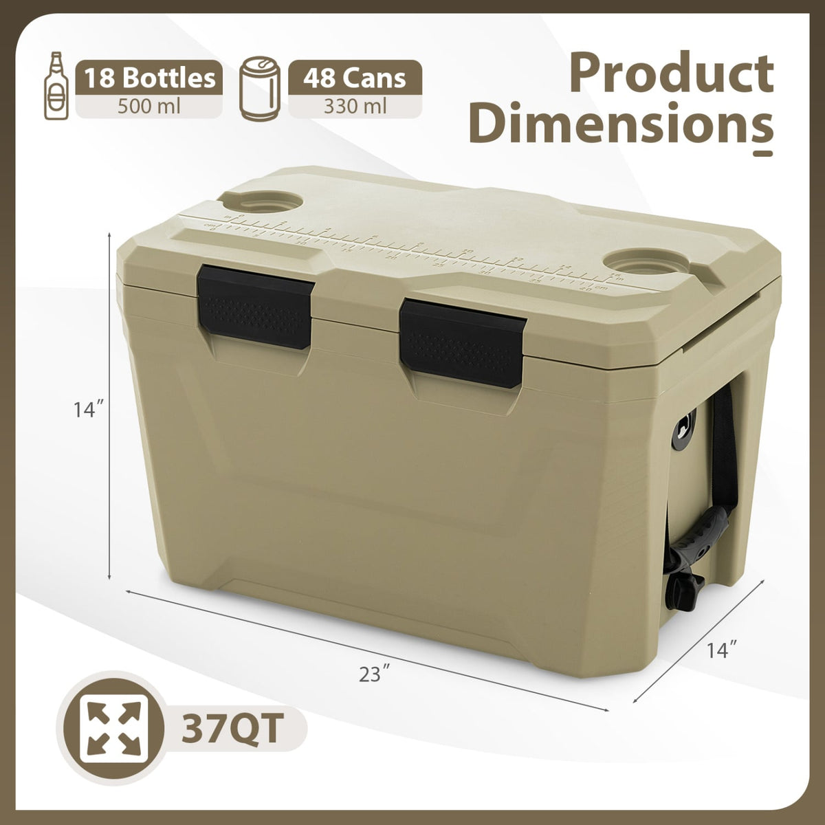 Insulated Portable Cooler Hard Shell Ice Chest with 2 Cup Holders Bottle Opener and Drain Plug-Sand Color-Coolers-DECOROLALA