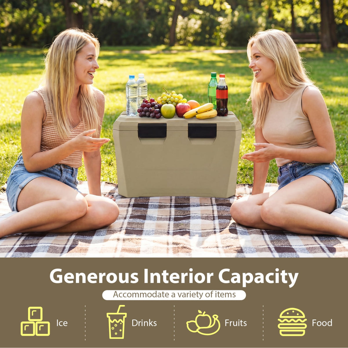 Insulated Portable Cooler Hard Shell Ice Chest with 2 Cup Holders Bottle Opener and Drain Plug-Sand Color-Coolers-DECOROLALA