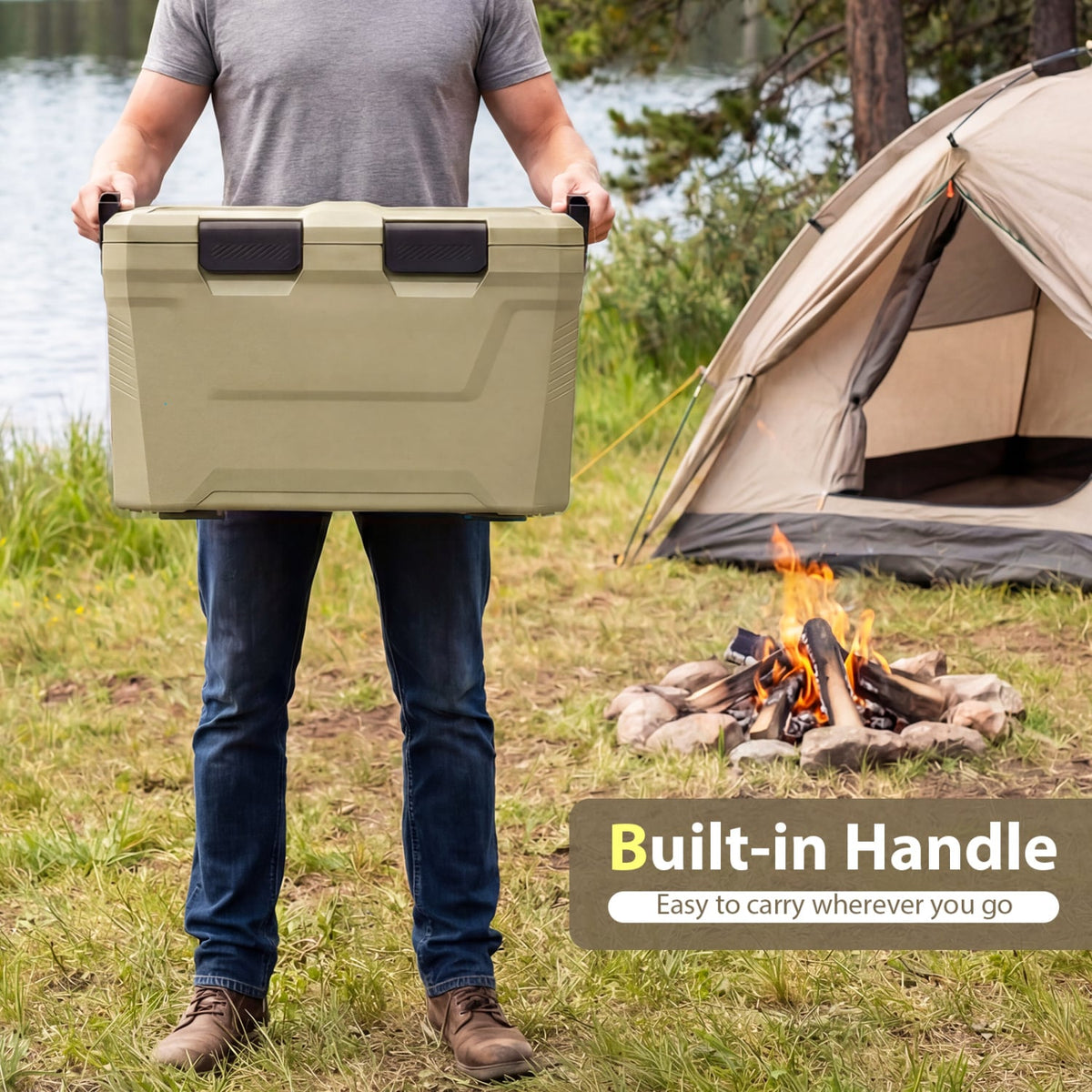 Insulated Portable Cooler Hard Shell Ice Chest with 2 Cup Holders Bottle Opener and Drain Plug-Sand Color-Coolers-DECOROLALA