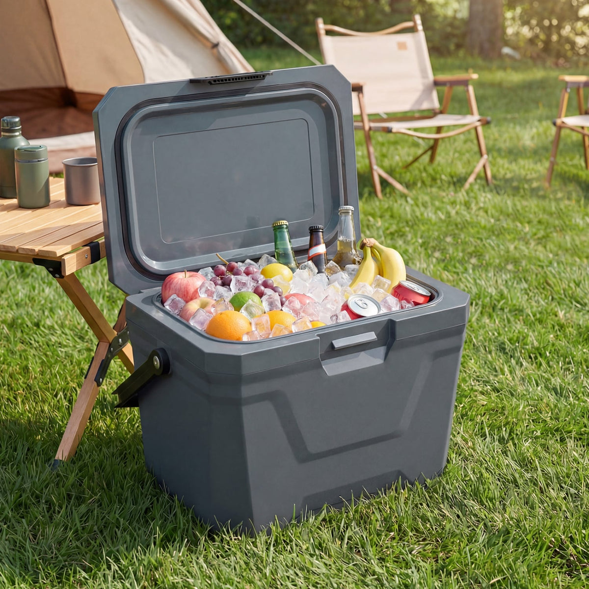 Insulated Portable Cooler Hard Shell Ice Chest with 2 Cup Holders-Gray-Coolers-DECOROLALA