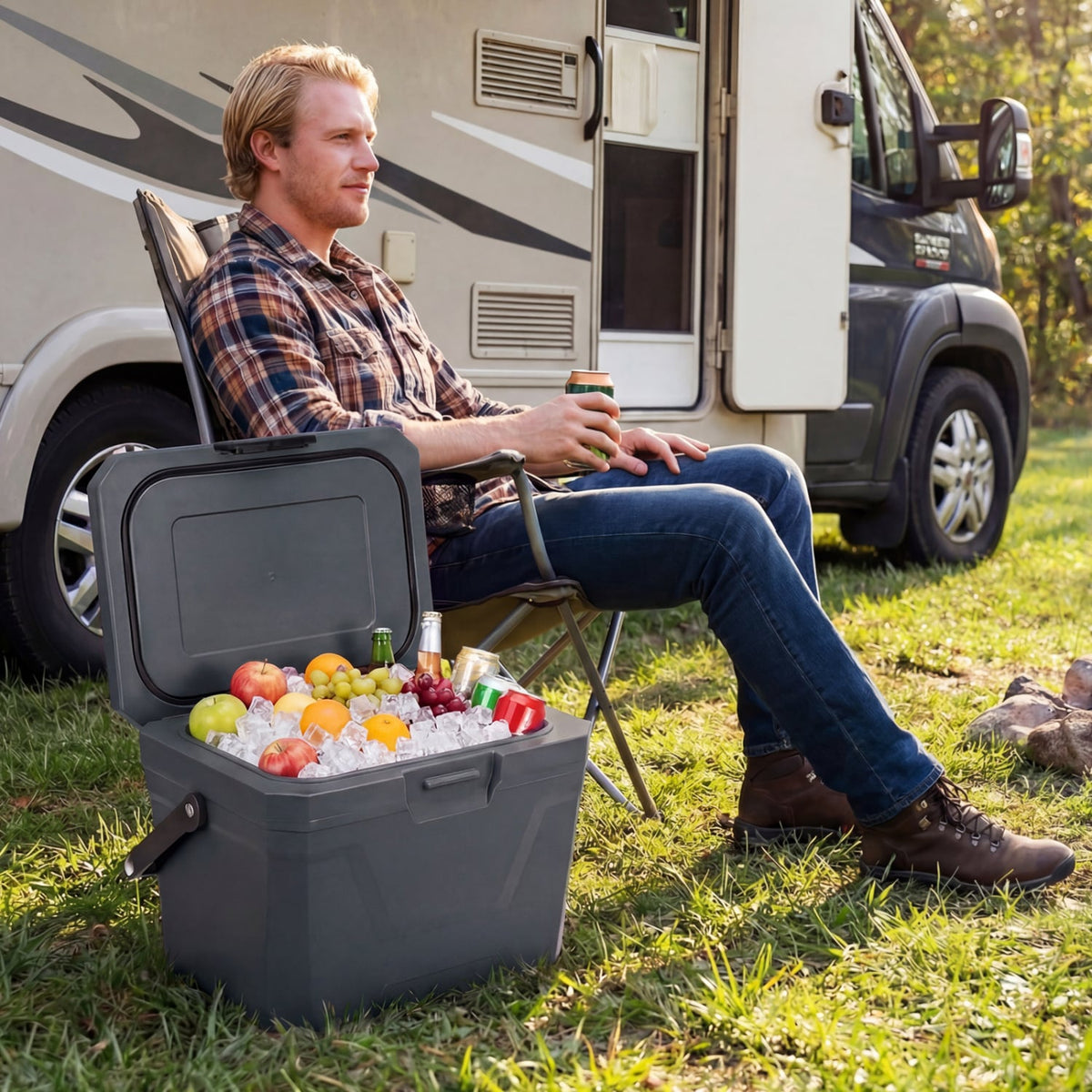 Insulated Portable Cooler Hard Shell Ice Chest with 2 Cup Holders-Gray-Coolers-DECOROLALA