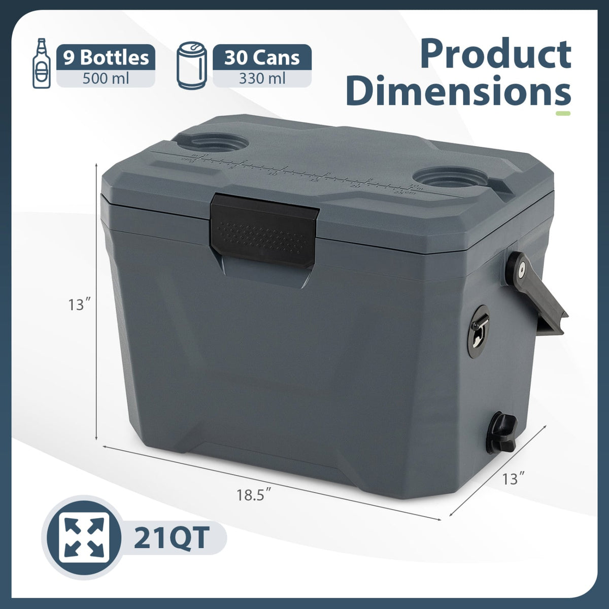 Insulated Portable Cooler Hard Shell Ice Chest with 2 Cup Holders-Gray-Coolers-DECOROLALA