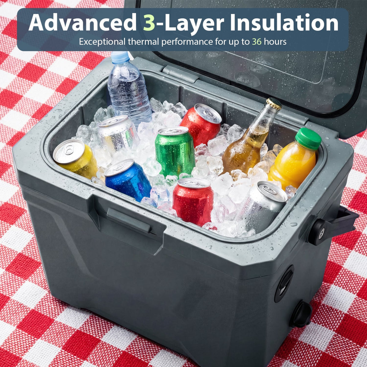 Insulated Portable Cooler Hard Shell Ice Chest with 2 Cup Holders-Gray-Coolers-DECOROLALA