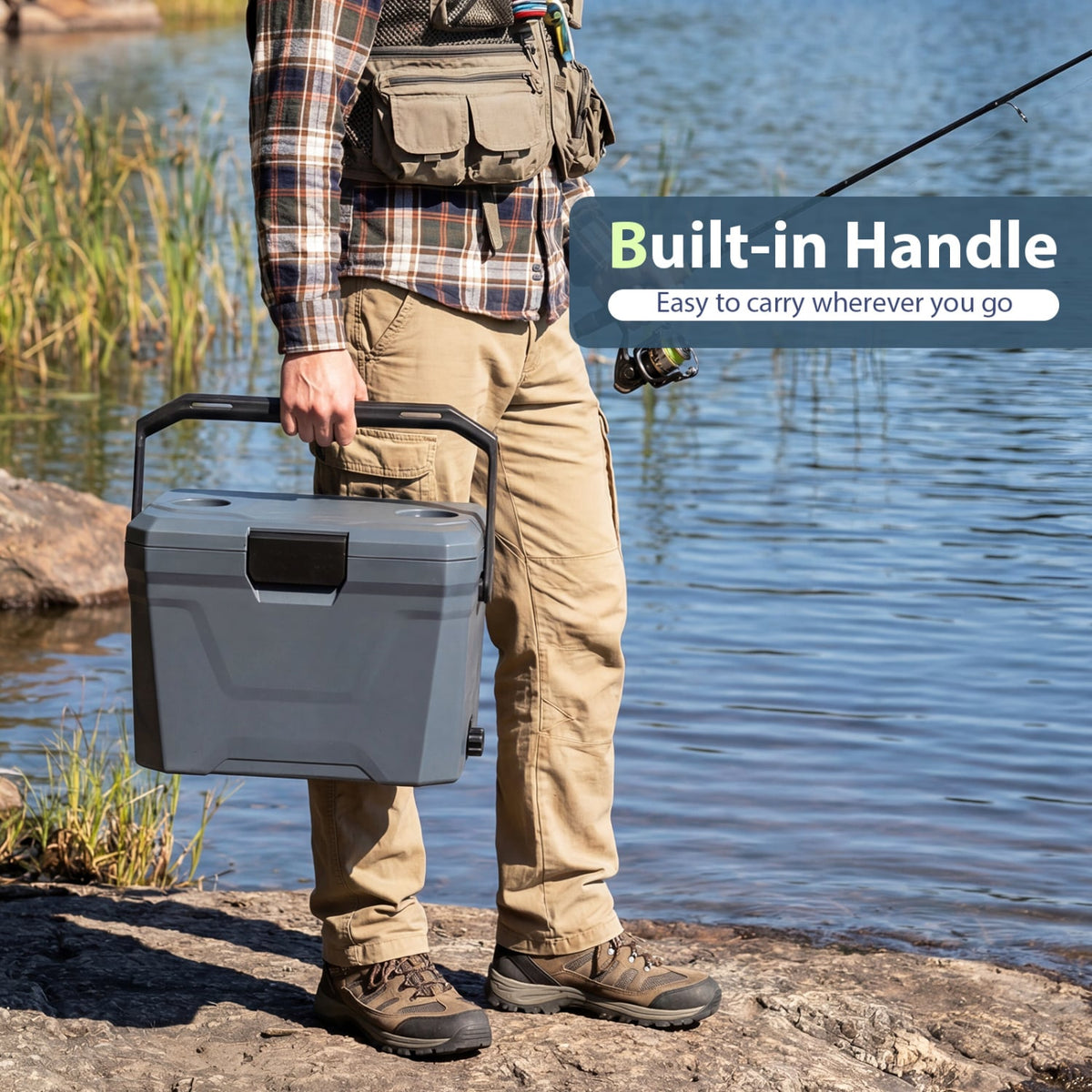 Insulated Portable Cooler Hard Shell Ice Chest with 2 Cup Holders-Gray-Coolers-DECOROLALA