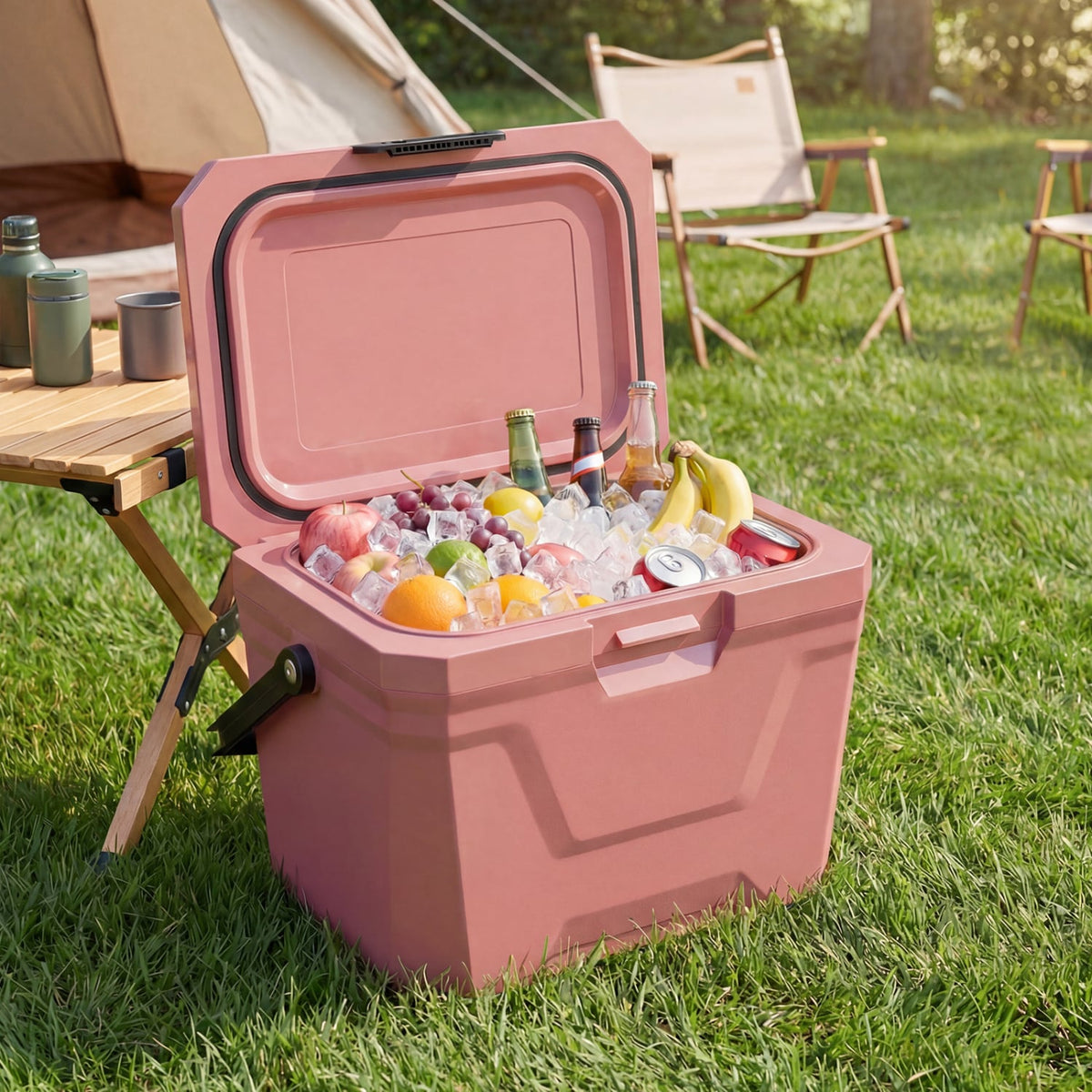 Insulated Portable Cooler Hard Shell Ice Chest with 2 Cup Holders-Pink-Coolers-DECOROLALA