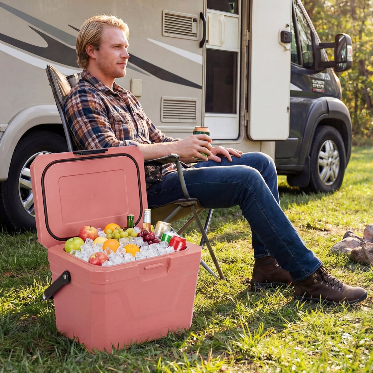 Insulated Portable Cooler Hard Shell Ice Chest with 2 Cup Holders-Pink-Coolers-DECOROLALA