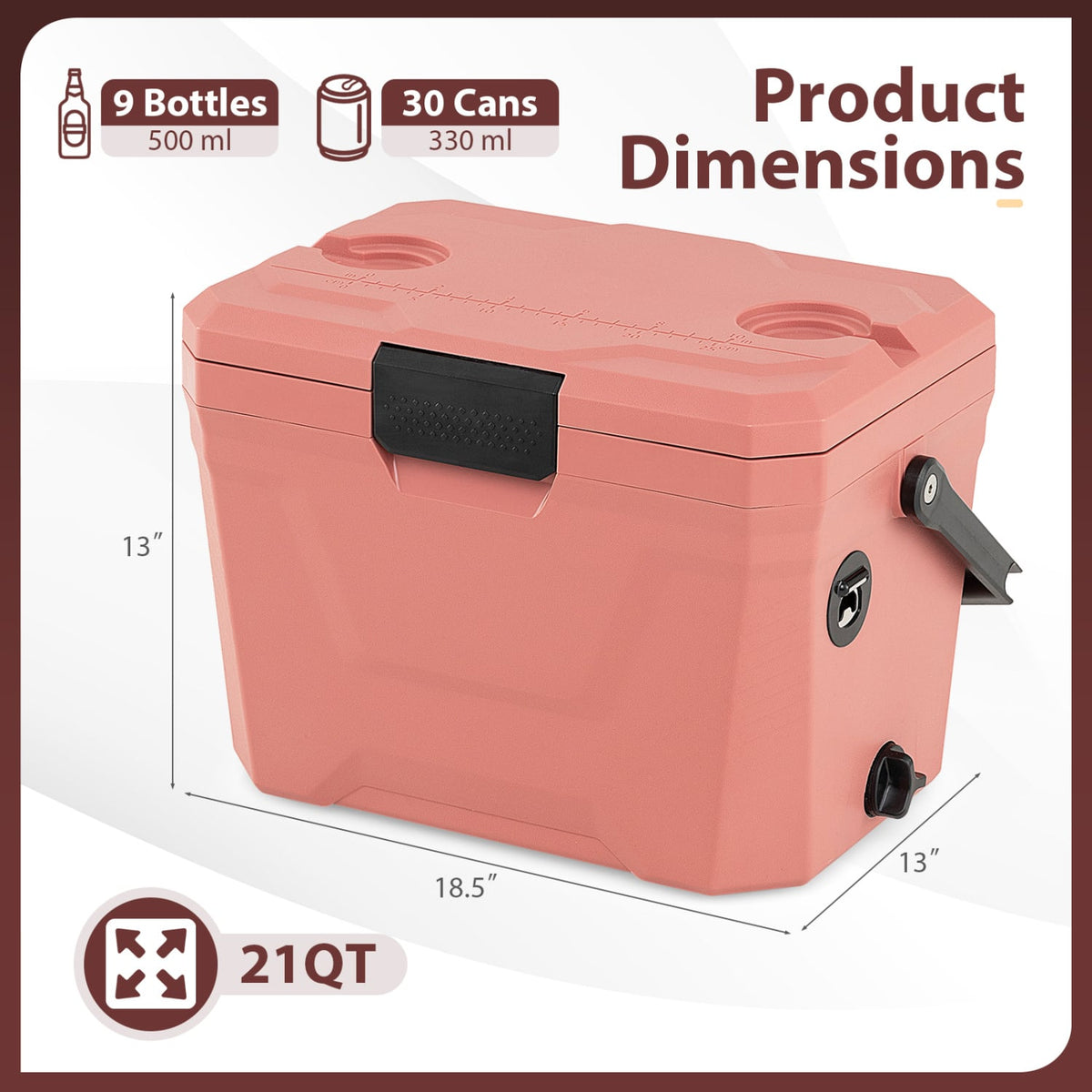 Insulated Portable Cooler Hard Shell Ice Chest with 2 Cup Holders-Pink-Coolers-DECOROLALA