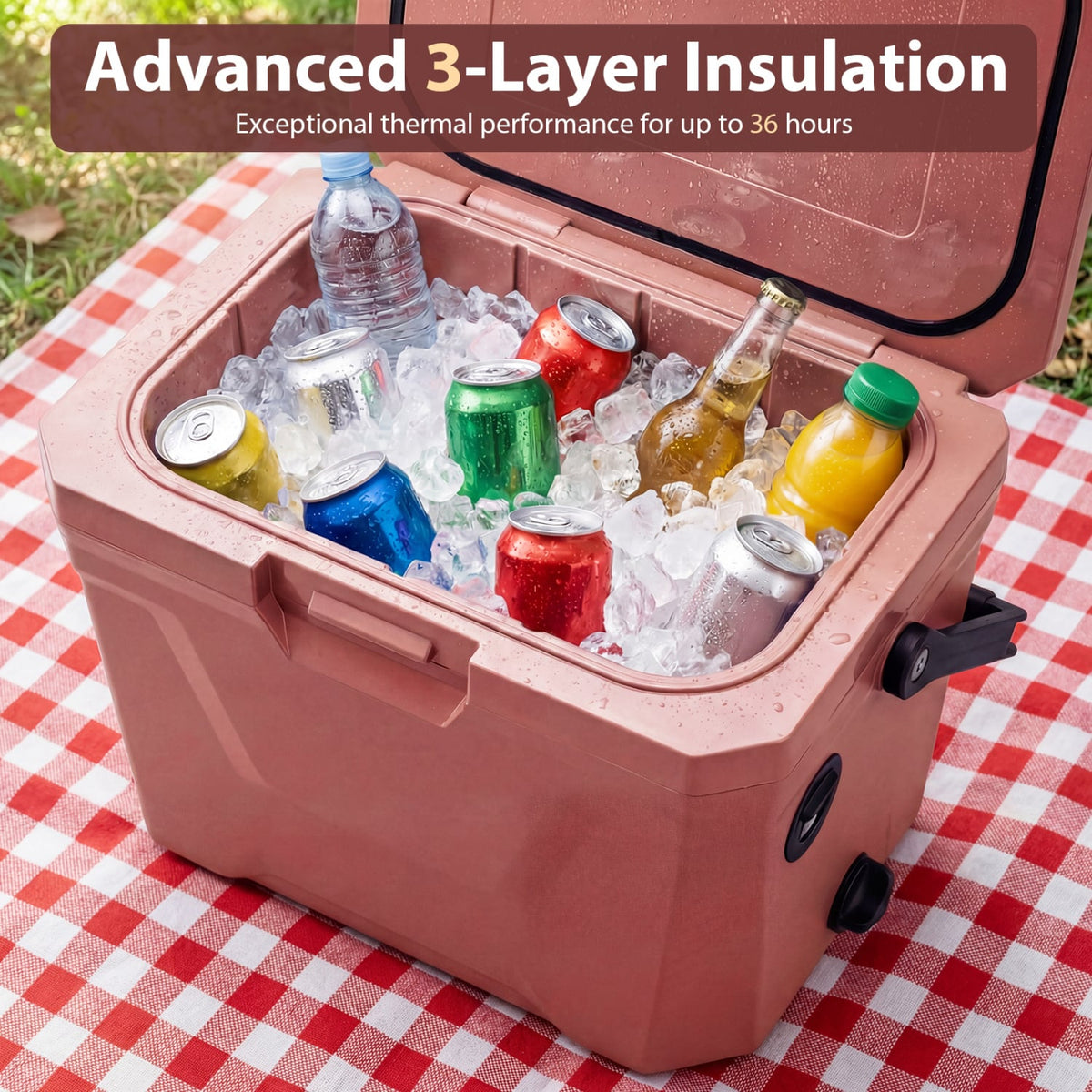 Insulated Portable Cooler Hard Shell Ice Chest with 2 Cup Holders-Pink-Coolers-DECOROLALA