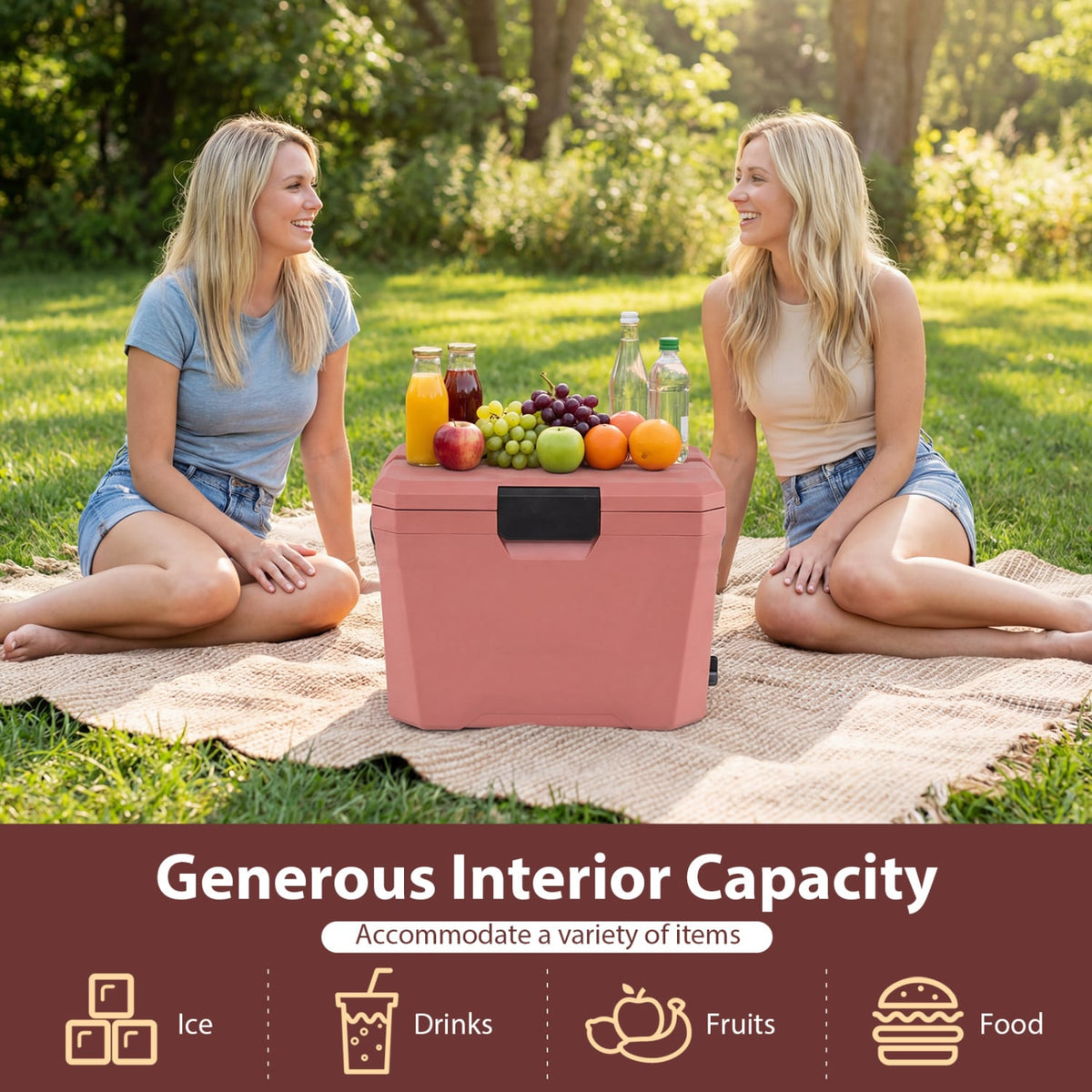 Insulated Portable Cooler Hard Shell Ice Chest with 2 Cup Holders-Pink-Coolers-DECOROLALA
