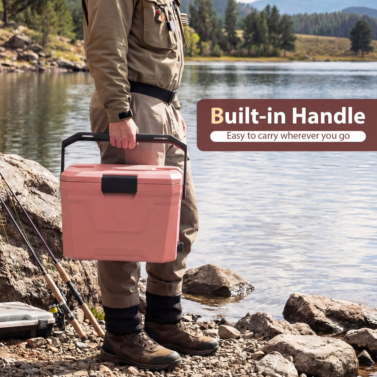 Insulated Portable Cooler Hard Shell Ice Chest with 2 Cup Holders-Pink-Coolers-DECOROLALA