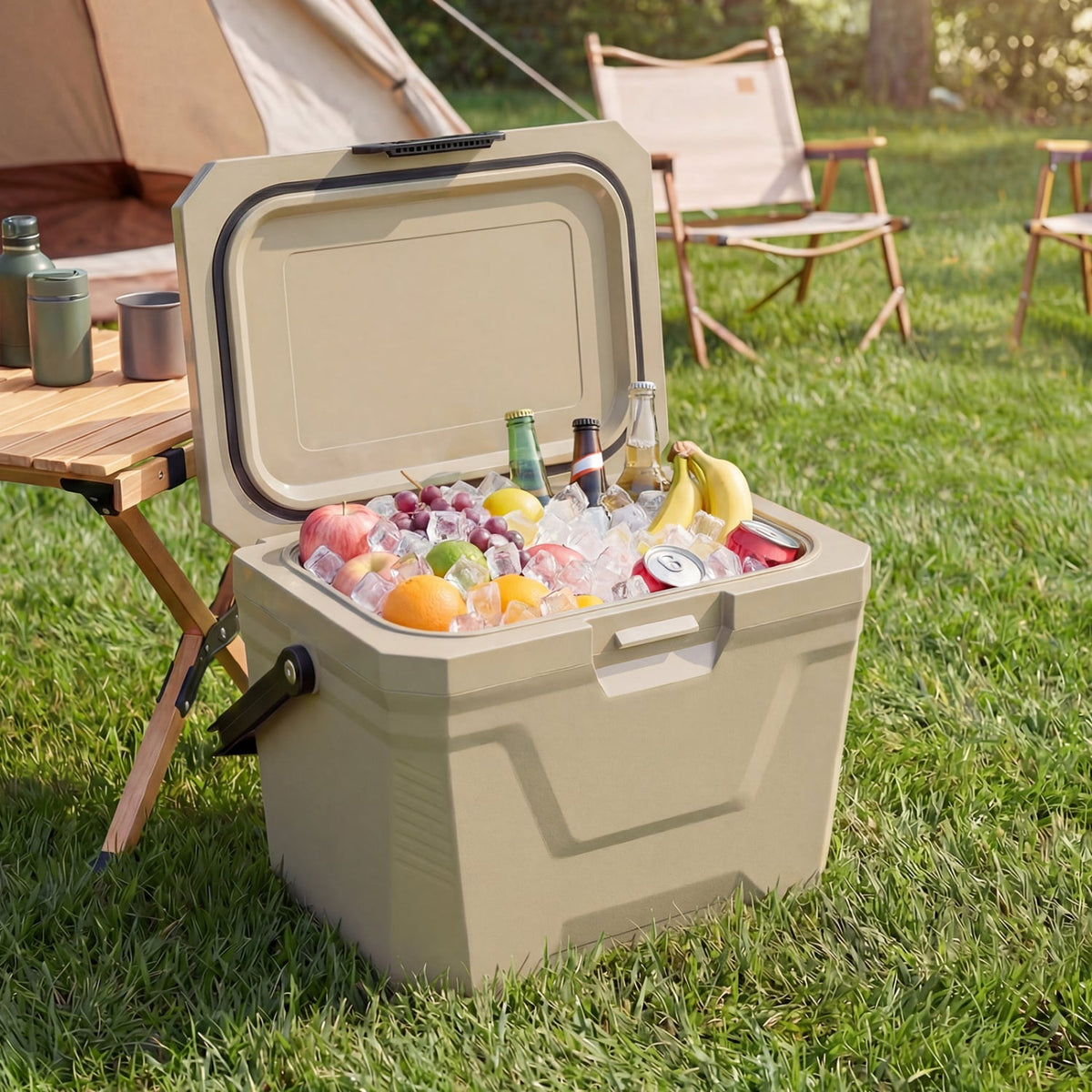 Insulated Portable Cooler Hard Shell Ice Chest with 2 Cup Holders-Sand Color-Coolers-DECOROLALA