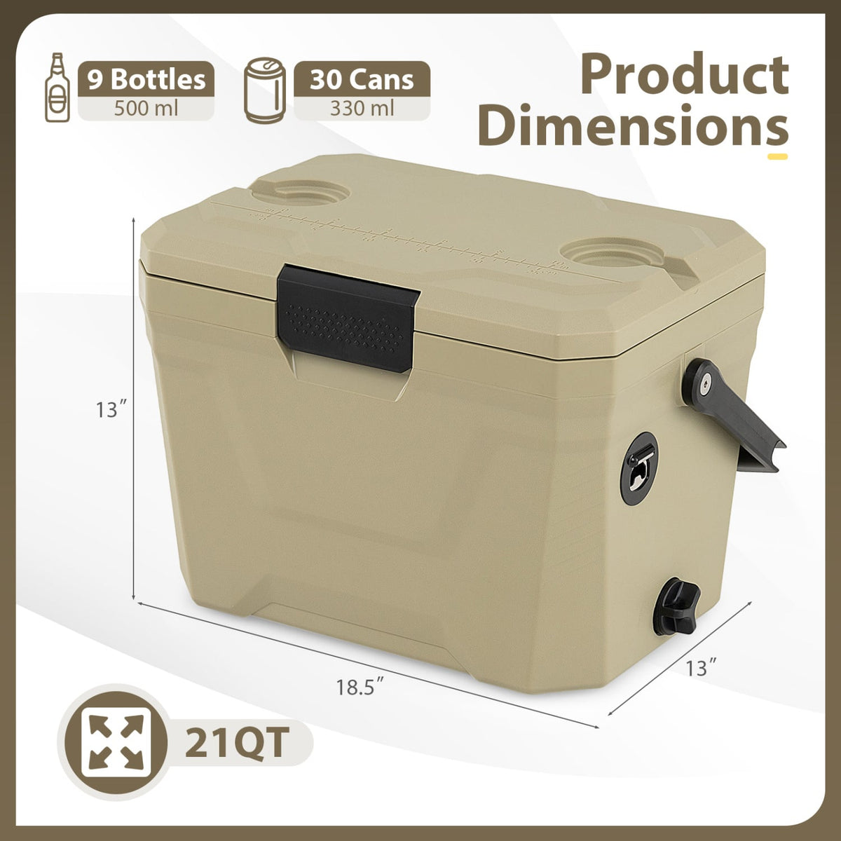 Insulated Portable Cooler Hard Shell Ice Chest with 2 Cup Holders-Sand Color-Coolers-DECOROLALA