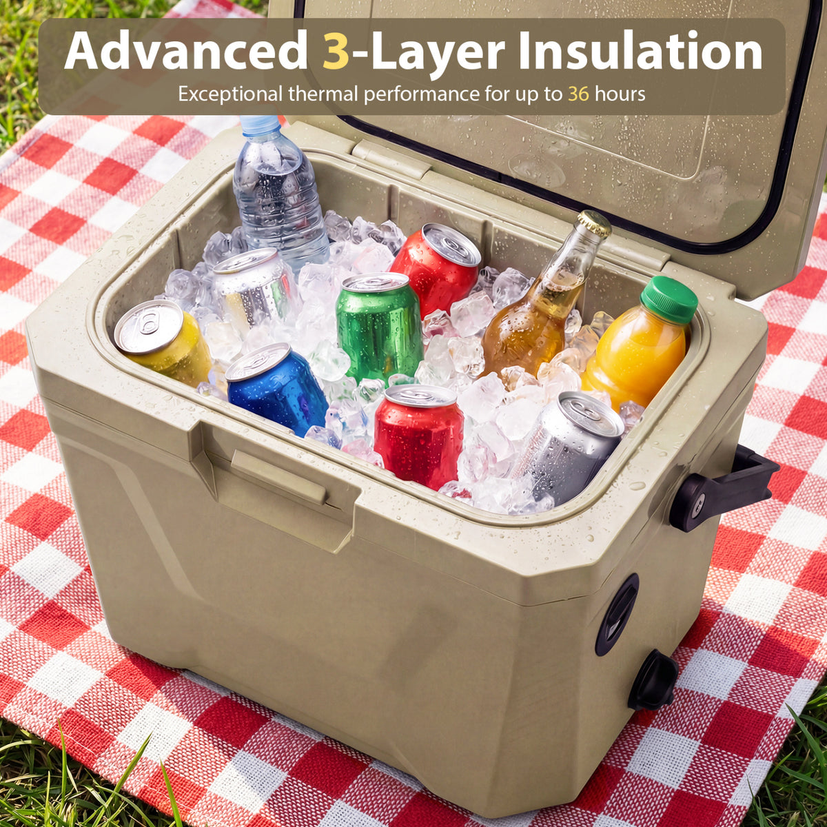 Insulated Portable Cooler Hard Shell Ice Chest with 2 Cup Holders-Sand Color-Coolers-DECOROLALA