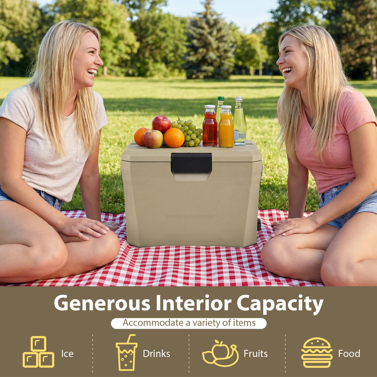 Insulated Portable Cooler Hard Shell Ice Chest with 2 Cup Holders-Sand Color-Coolers-DECOROLALA