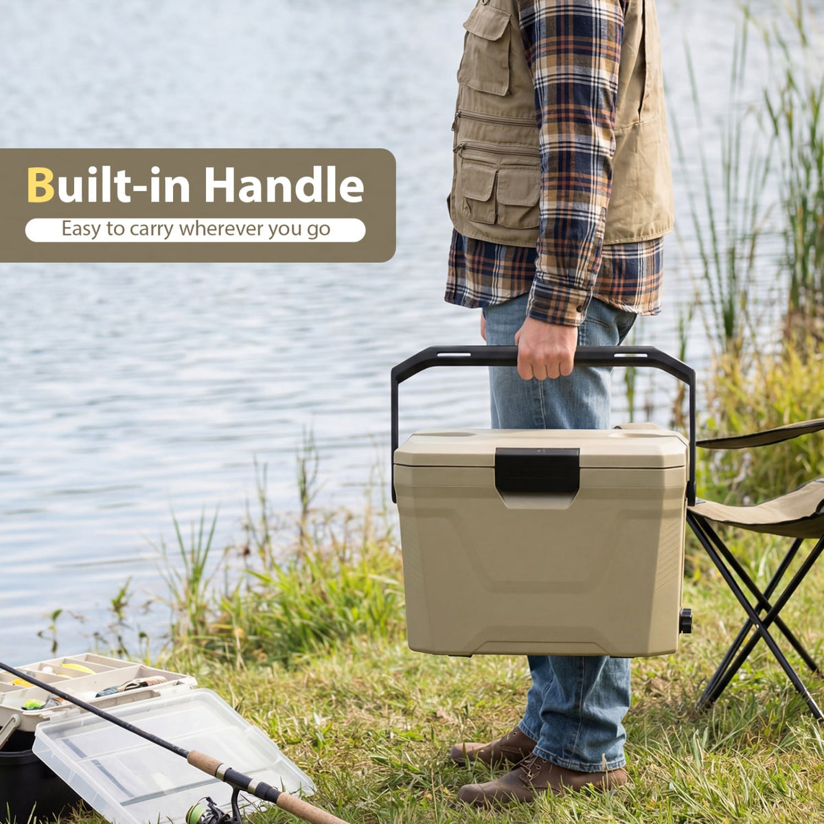 Insulated Portable Cooler Hard Shell Ice Chest with 2 Cup Holders-Sand Color-Coolers-DECOROLALA
