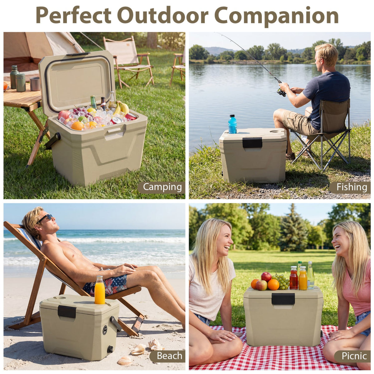 Insulated Portable Cooler Hard Shell Ice Chest with 2 Cup Holders-Sand Color-Coolers-DECOROLALA