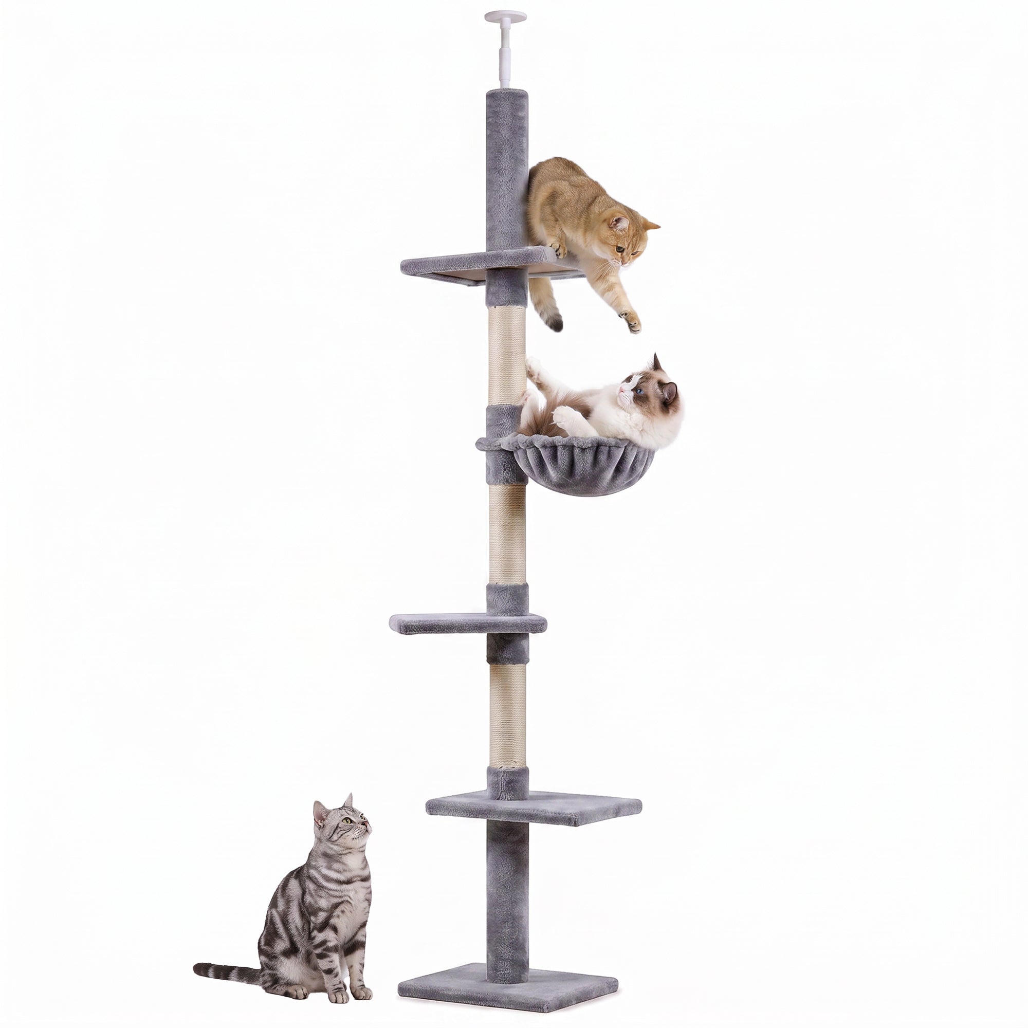 8.5ft Cat Climbing Tree 5-Tier Cat Activity Center Floor-to-Ceiling Cat Climber Toy with Scratching Post Play Rest Post Pet Furniture Grey