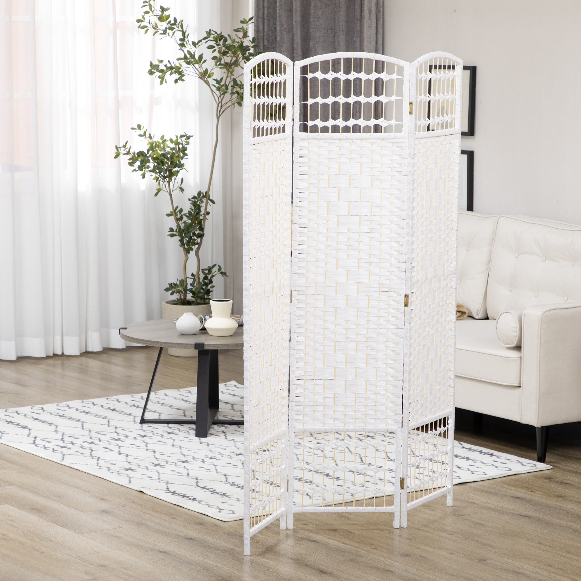 3 Panel Folding Room Divider, Portable Privacy Screen, Wave Fiber Room Partition for Home Office, White