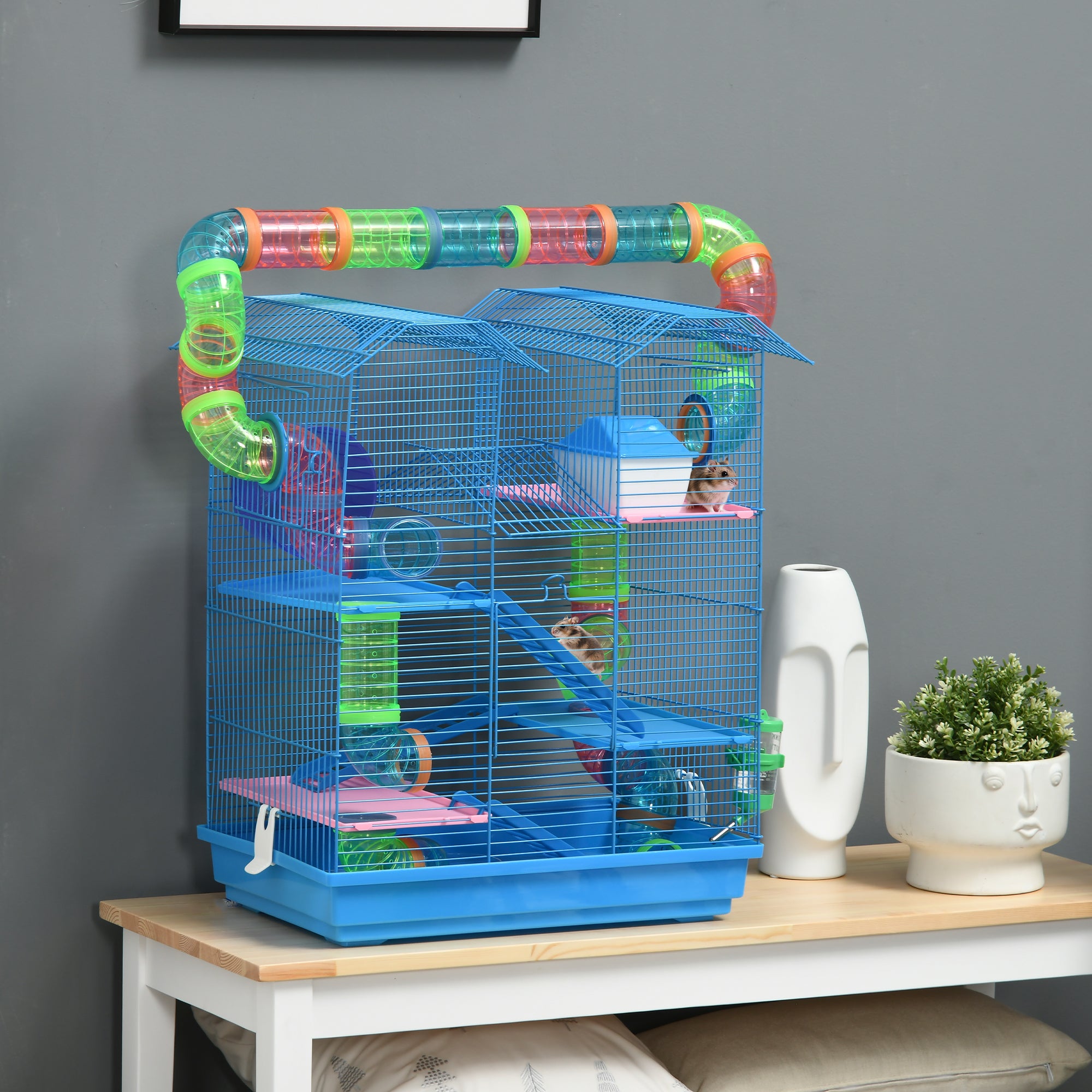 18.5" Hamster Cage, 5 Tiers Small Animal House with Tunnel Tube System, Exercise Wheel, Water Bottle, Blue