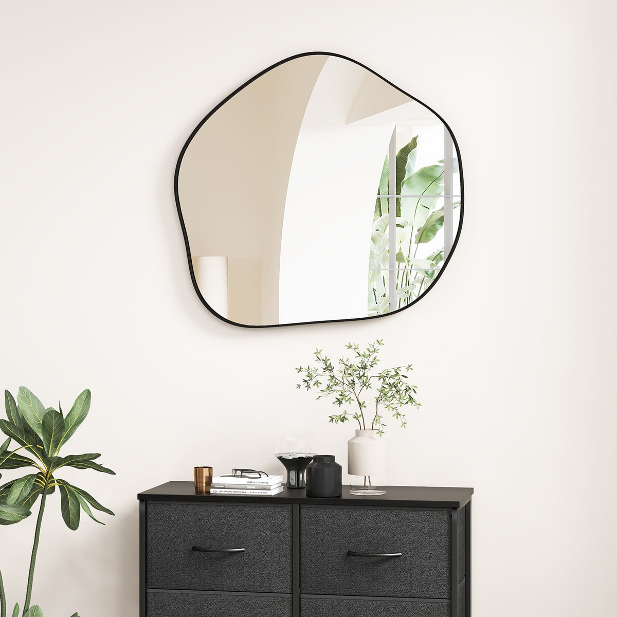 Irregular Wall Mirror Metal Frame Asymmetrical Mirror with Expansion Screws-Black-Wall Mirrors-DECOROLALA