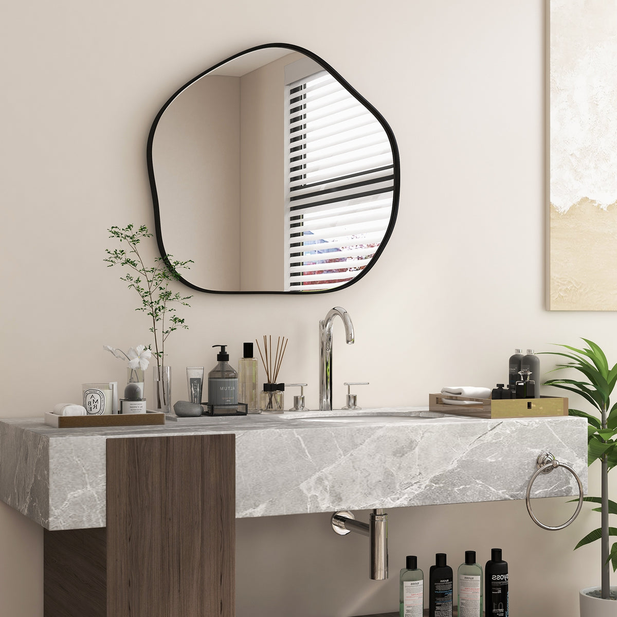 Irregular Wall Mirror Metal Frame Asymmetrical Mirror with Expansion Screws-Black-Wall Mirrors-DECOROLALA
