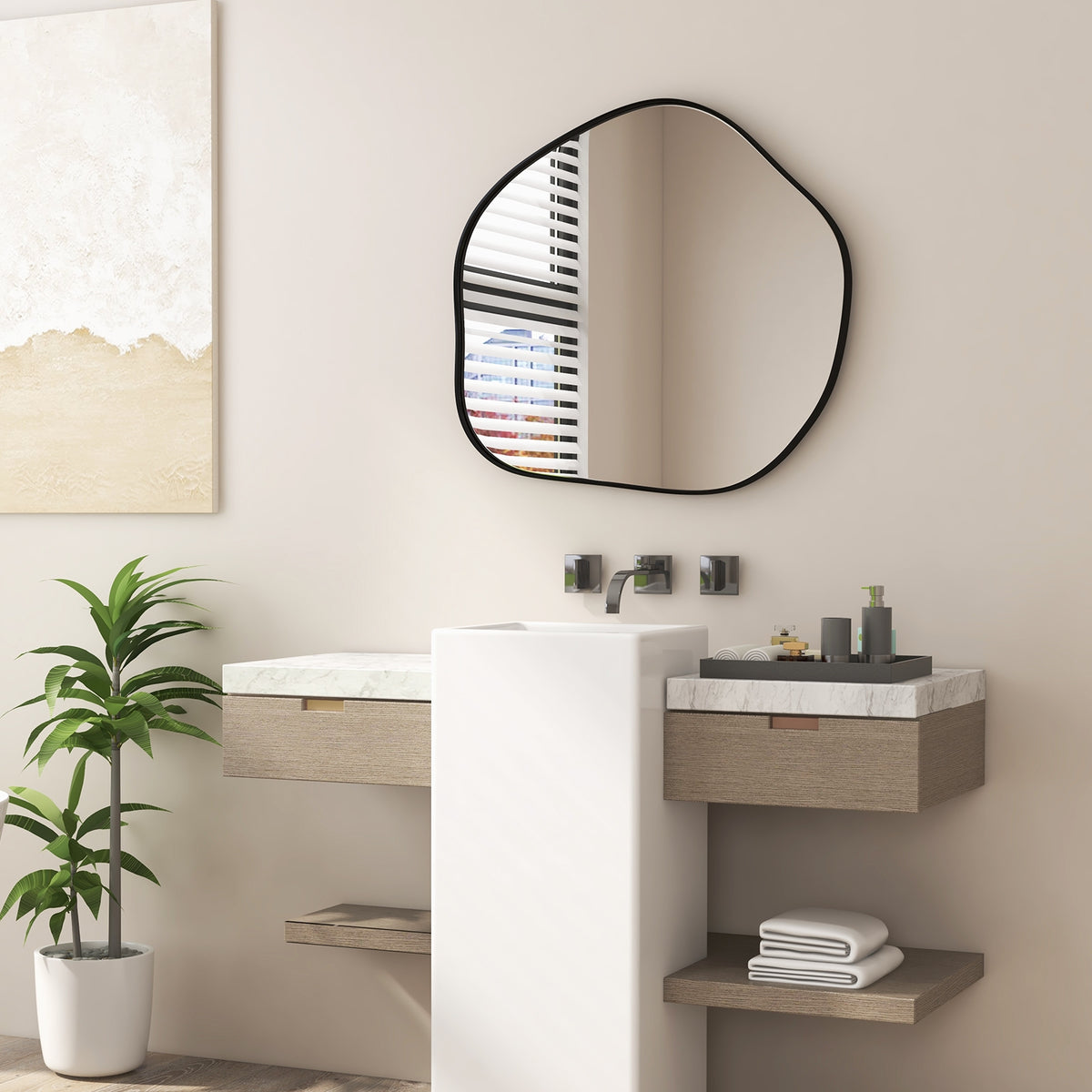 Irregular Wall Mirror Metal Frame Asymmetrical Mirror with Expansion Screws-Black-Wall Mirrors-DECOROLALA