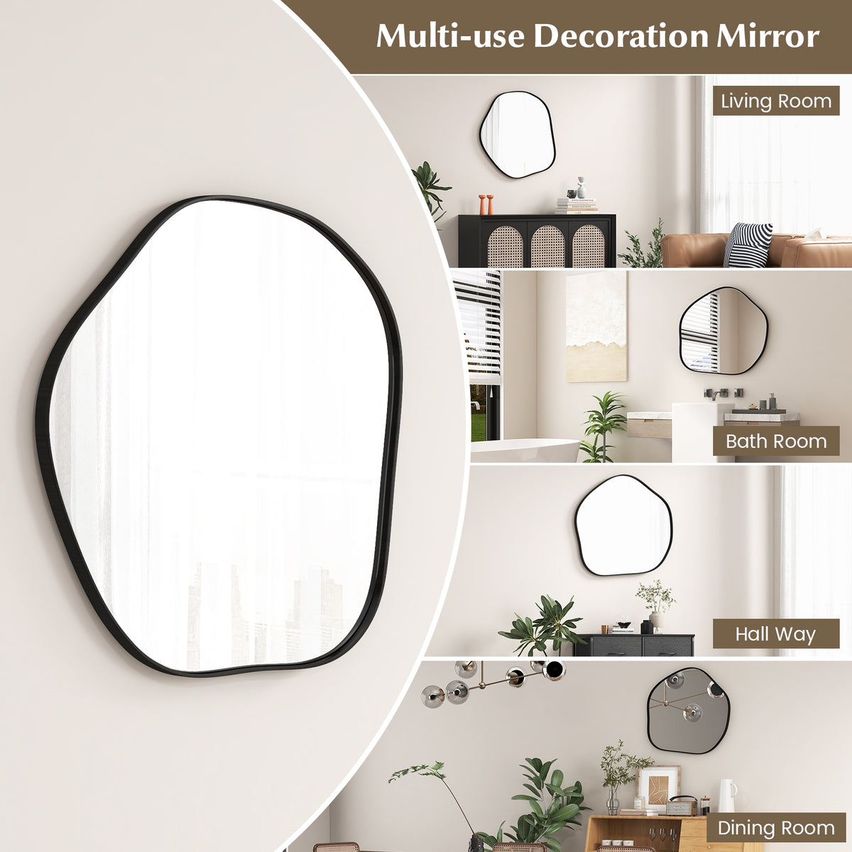 Irregular Wall Mirror Metal Frame Asymmetrical Mirror with Expansion Screws-Black-Wall Mirrors-DECOROLALA