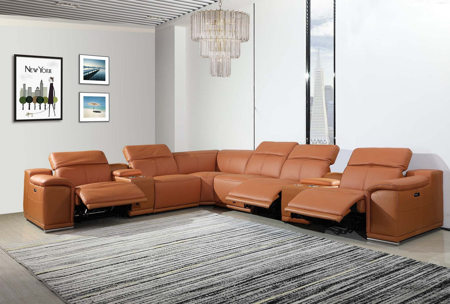 Italian Leather Power Reclining U Shaped Eight Piece Corner Sectional With Console-Sectionals-DECOROLALA