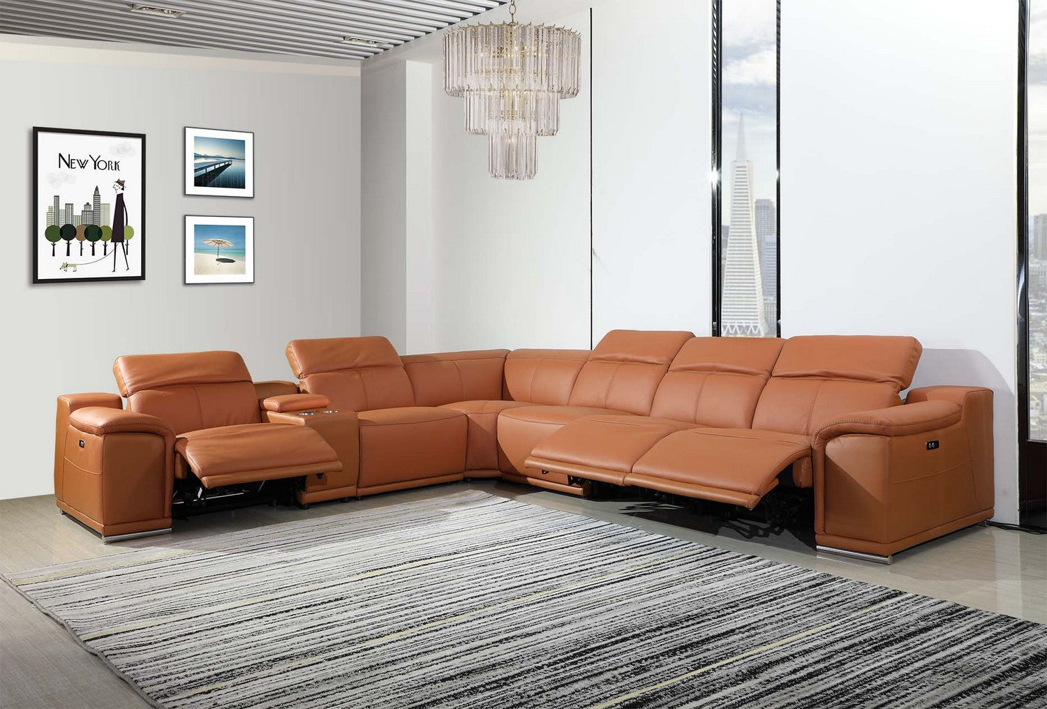 Italian Leather Power Reclining U Shaped Seven Piece Corner Sectional With Console-Sectionals-DECOROLALA
