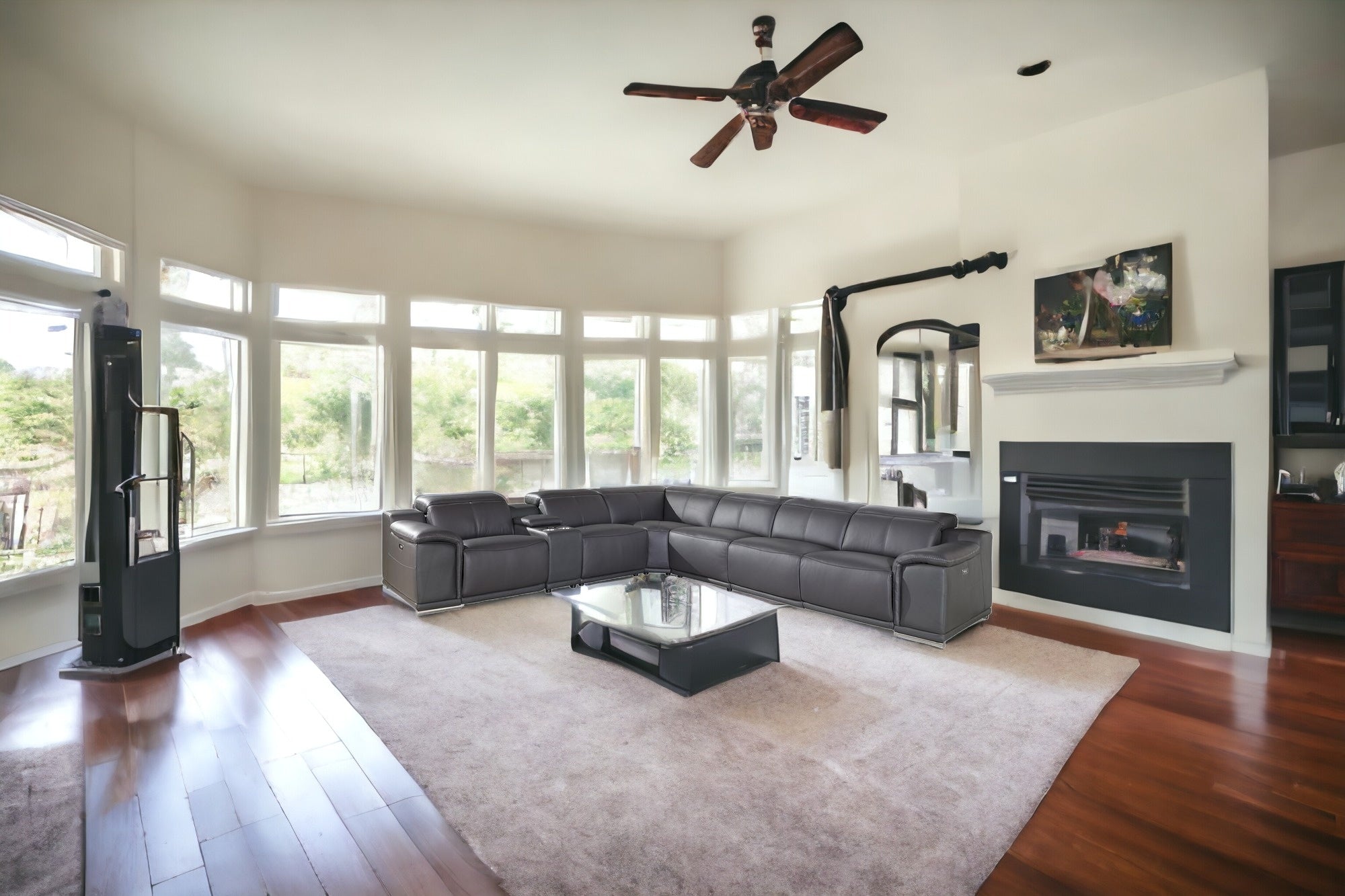 Italian Leather Power Reclining U Shaped Seven Piece Corner Sectional With Console-Sectionals-DECOROLALA