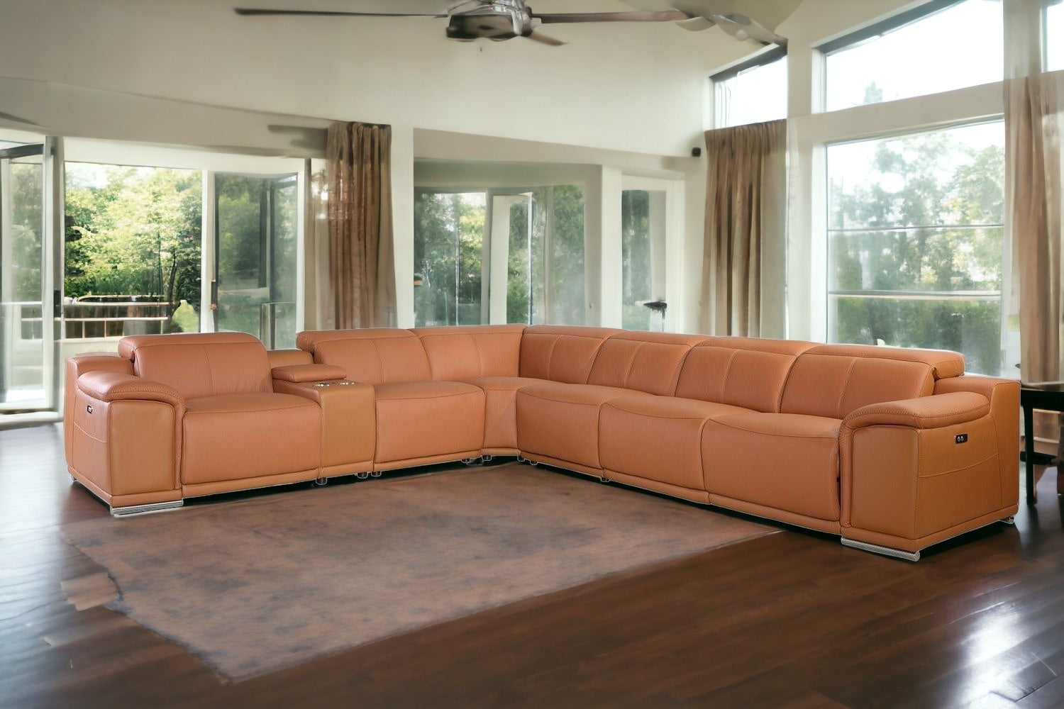Italian Leather Power Reclining U Shaped Seven Piece Corner Sectional With Console-Sectionals-DECOROLALA