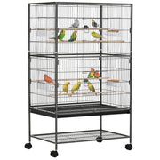 52'' Large Rolling Steel Bird Cage Bird House with Rolling Stand, Storage Shelf, Wood Perch, Food Container, Dark Grey